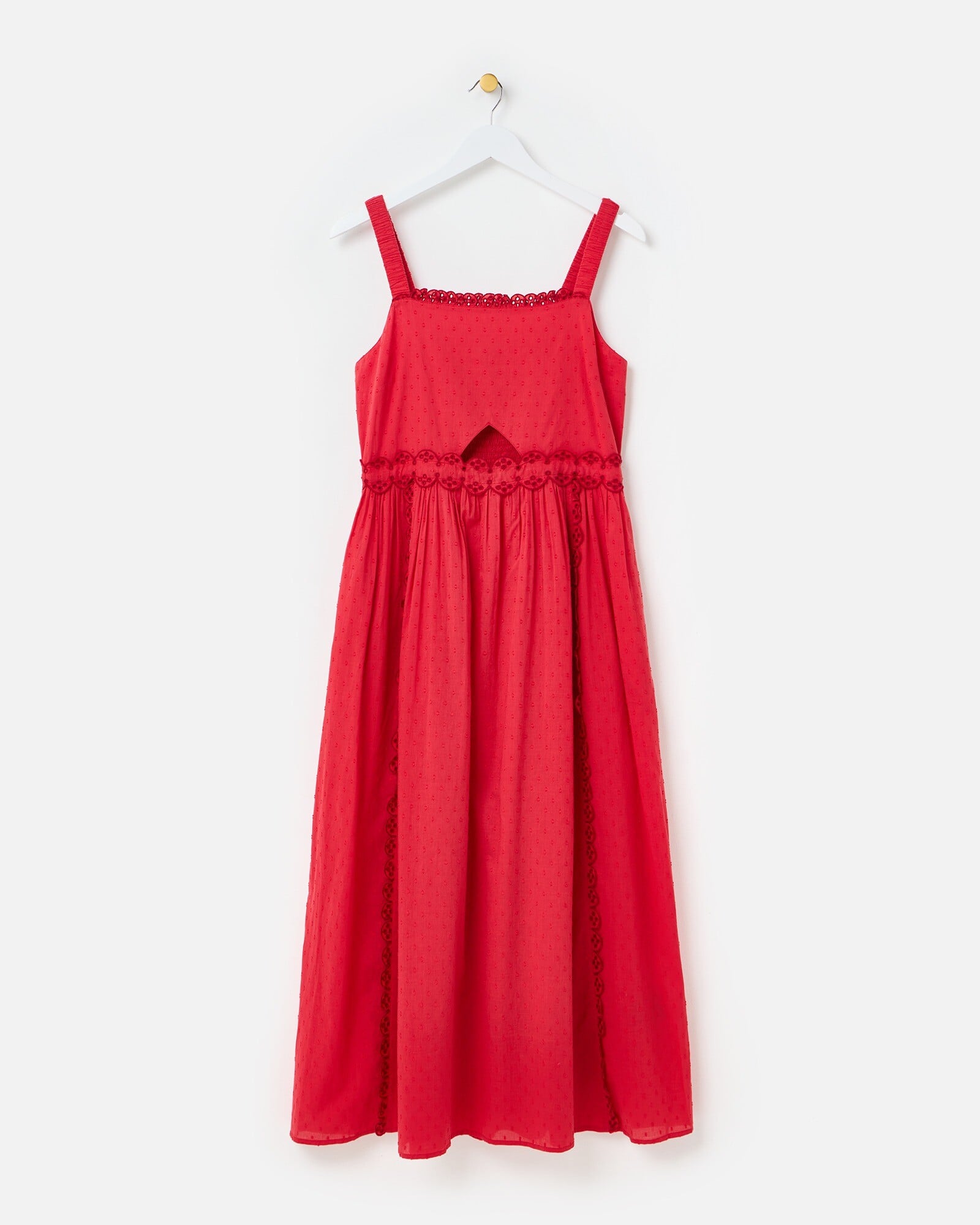 Red Broderie Frill Square Neck Cotton Midi Dress