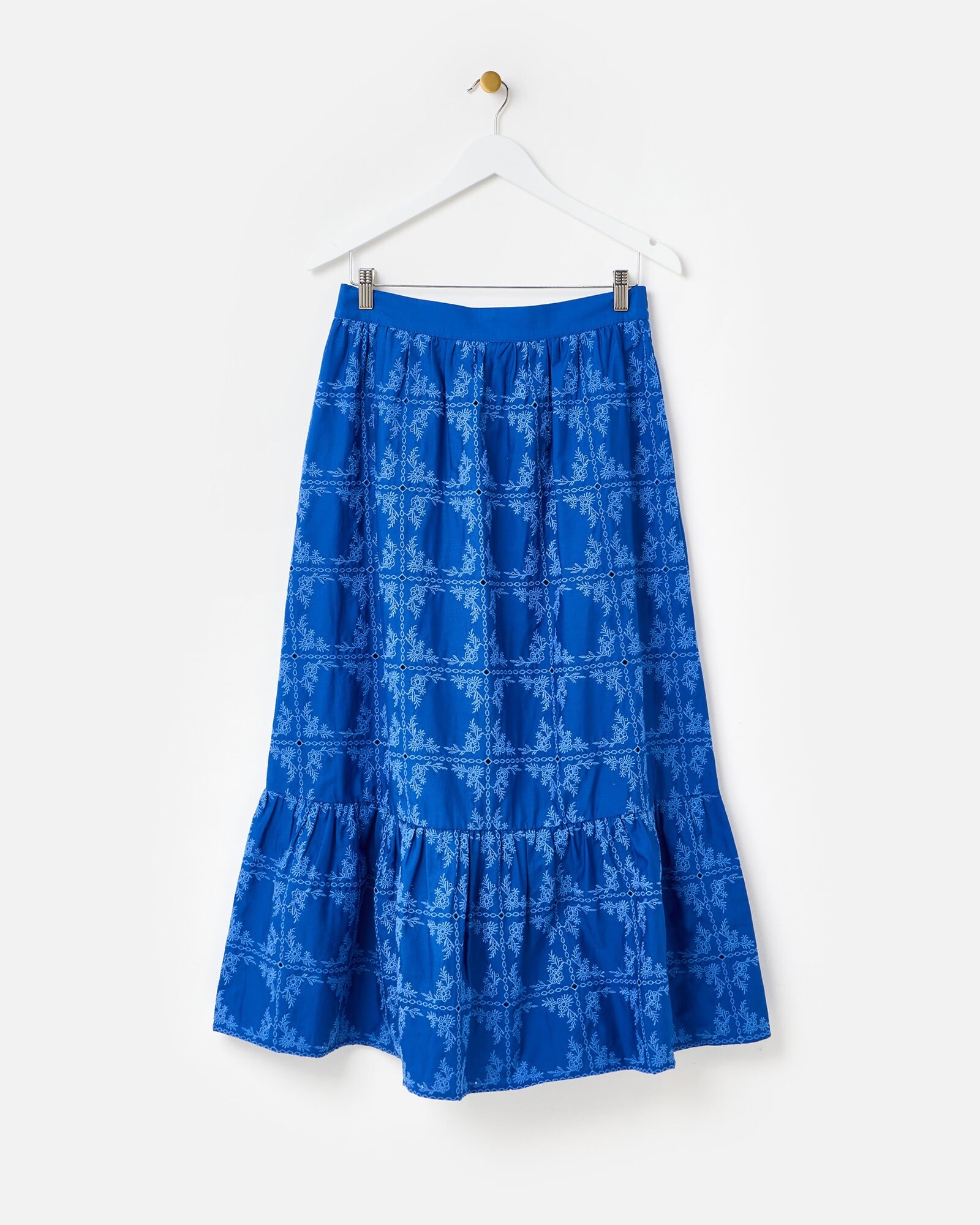 Blue Floral Broderie Tile Tiered Cotton Midi Skirt