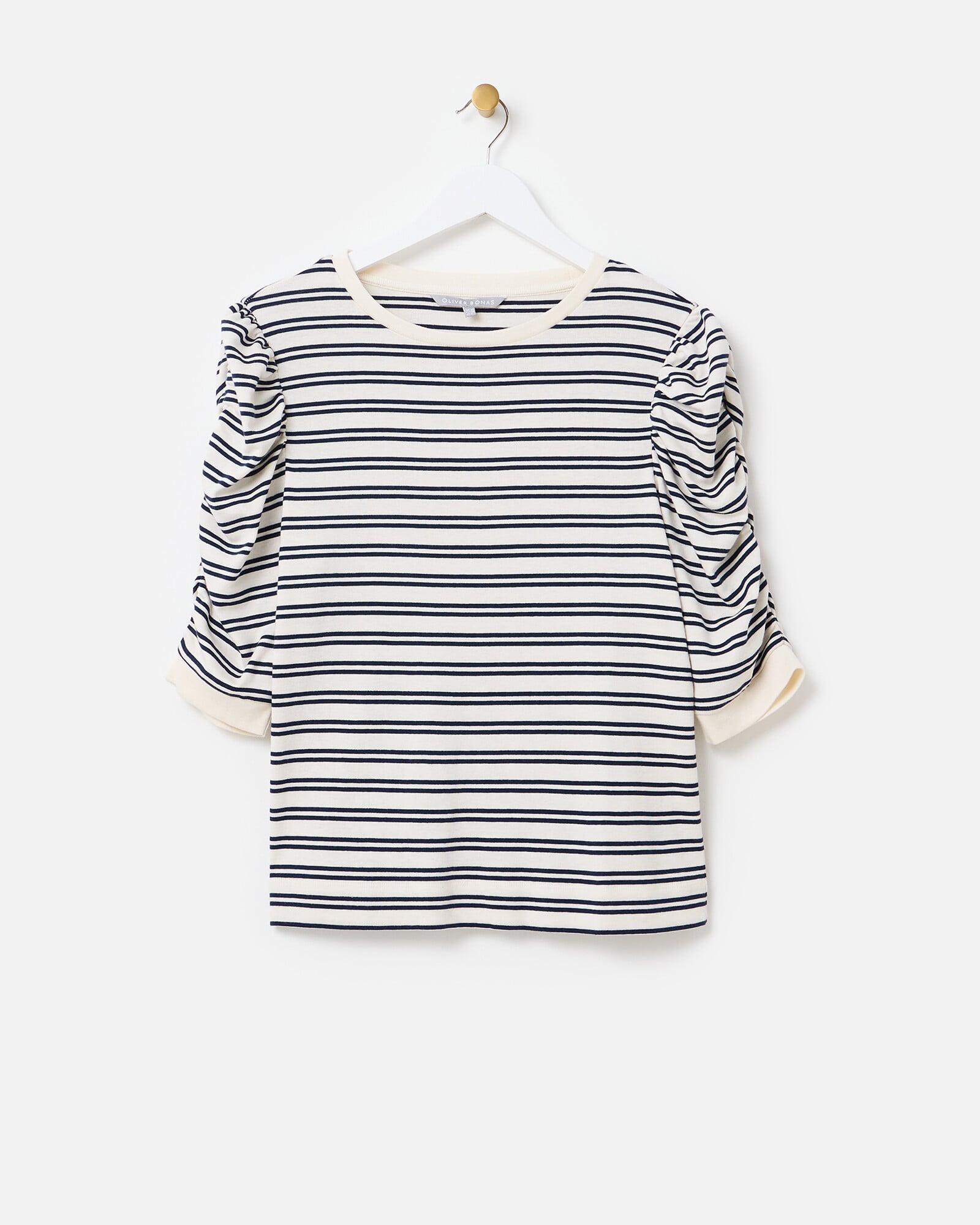 Navy Blue & White Striped Ruched Sleeve Top