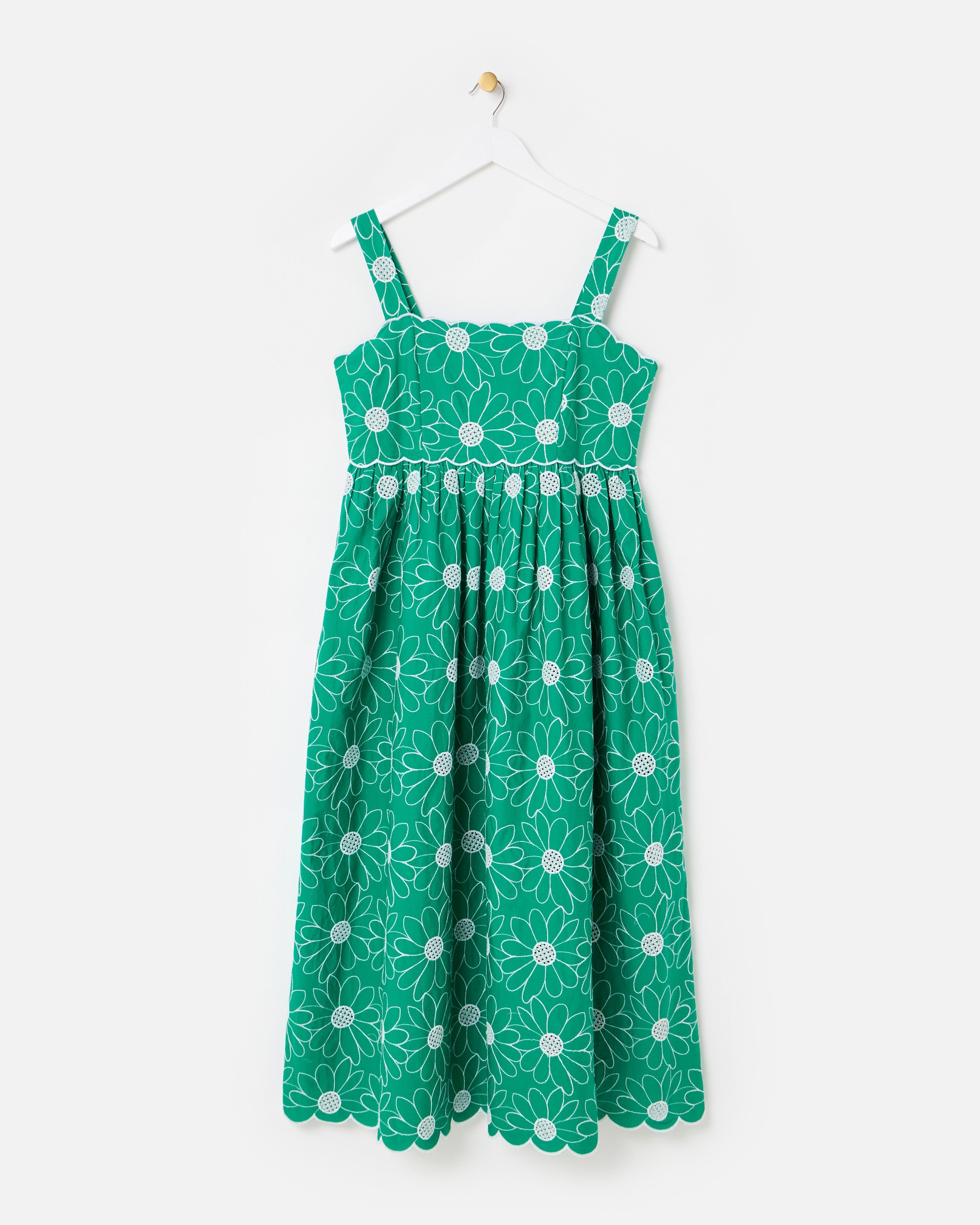 Green & White Daisy Embroidered Scalloped Cotton Midi Dress