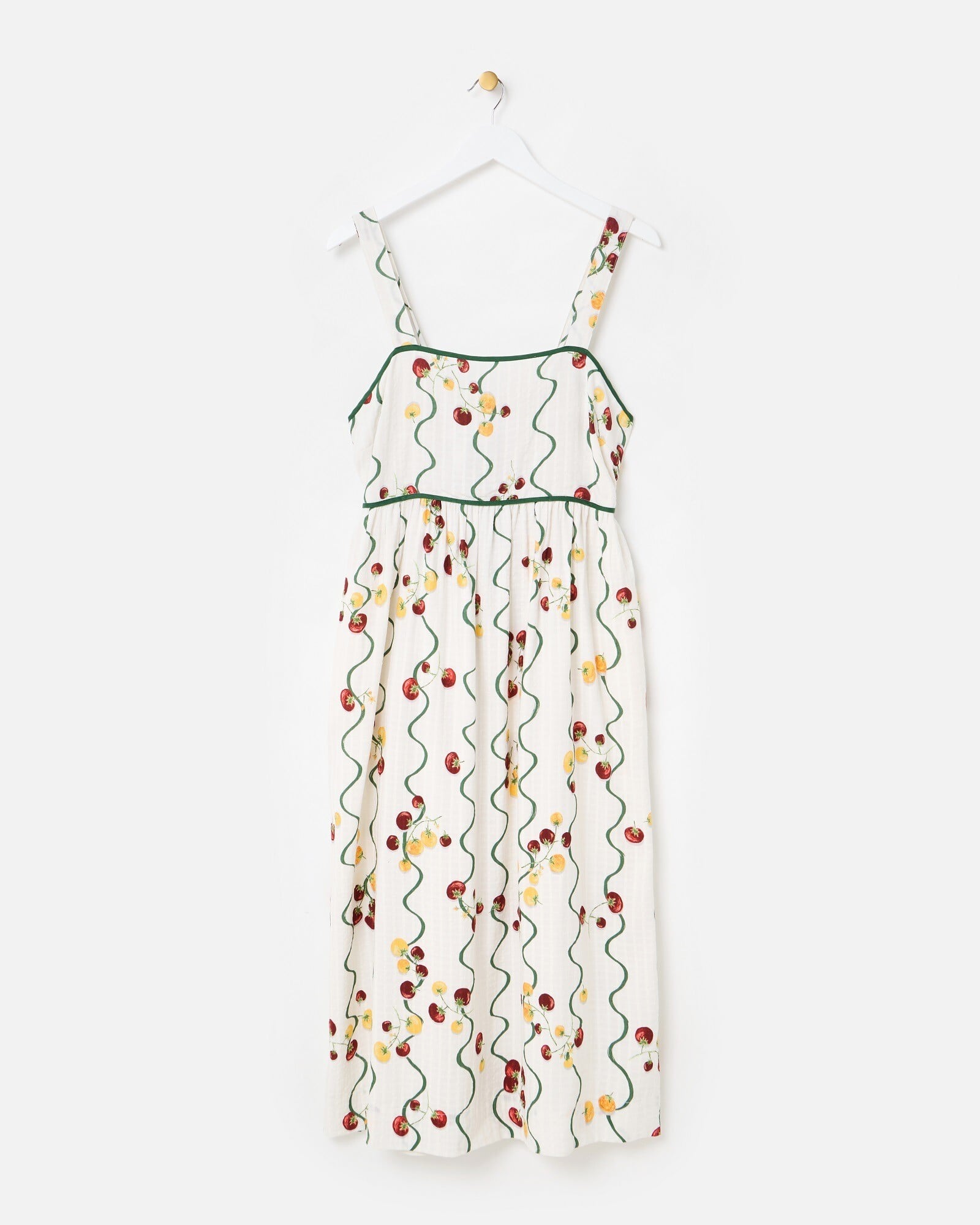 White & Green Striped Tomato Print Strappy Midi Dress
