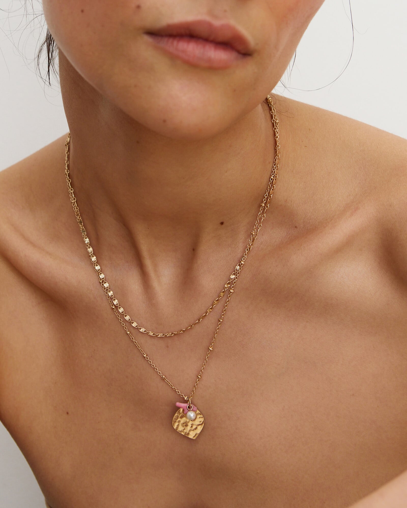 Fern Hammered Leaf & Faux Pearl Layered Necklace