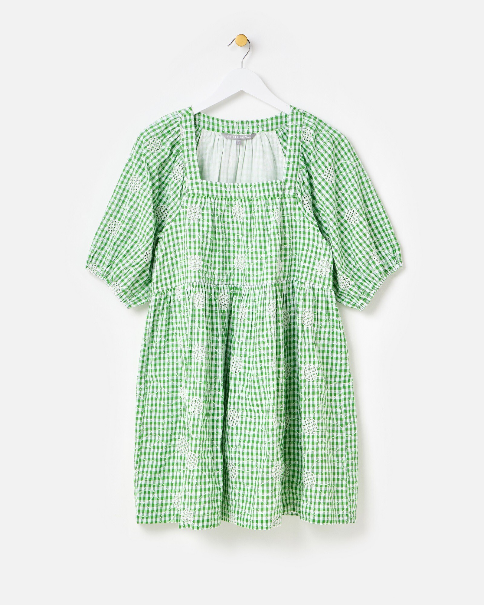 Green Gingham Daisy Embroidered Cotton Mini Dress