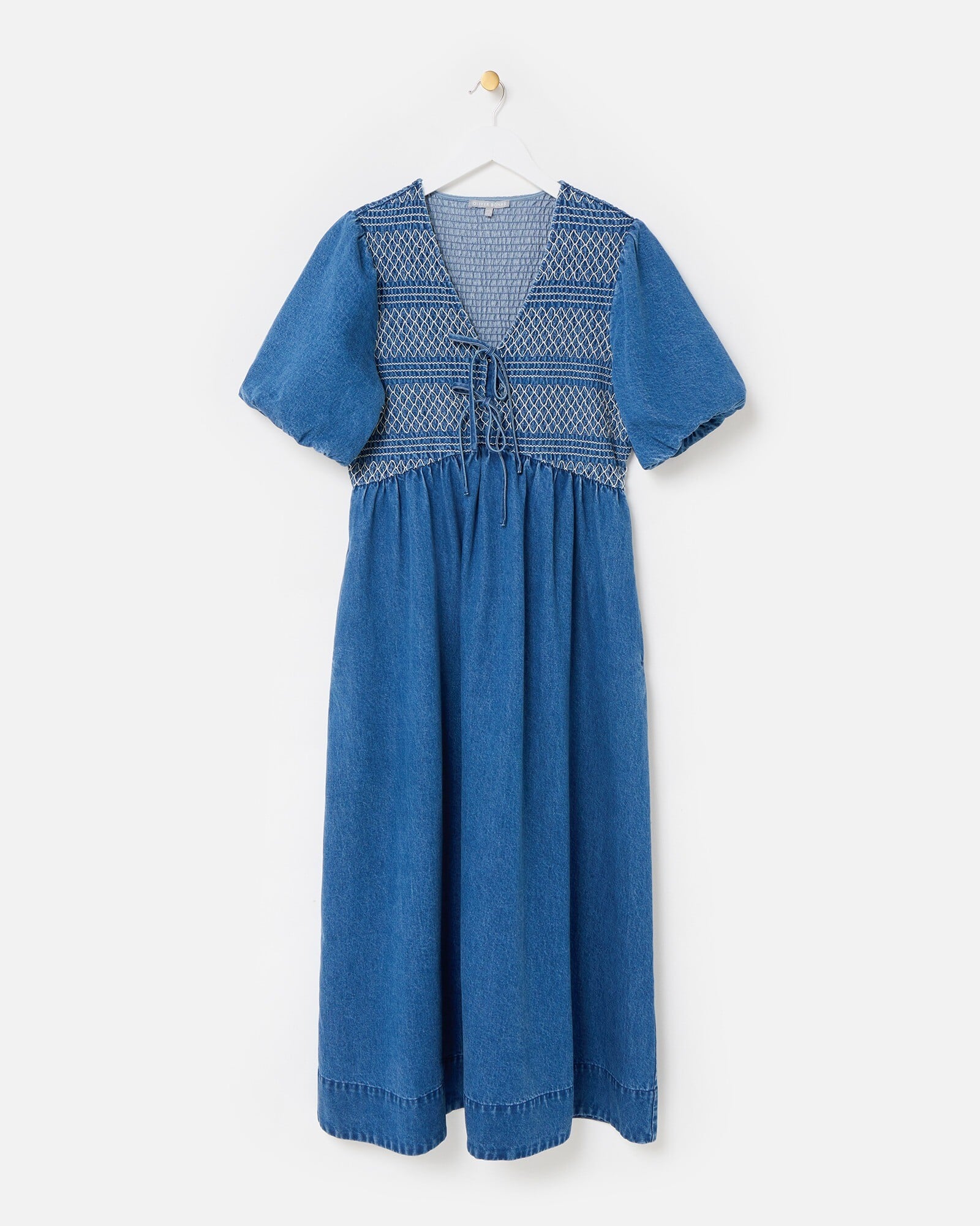 Blue Denim Tie Front Puff Sleeve Midi Dress