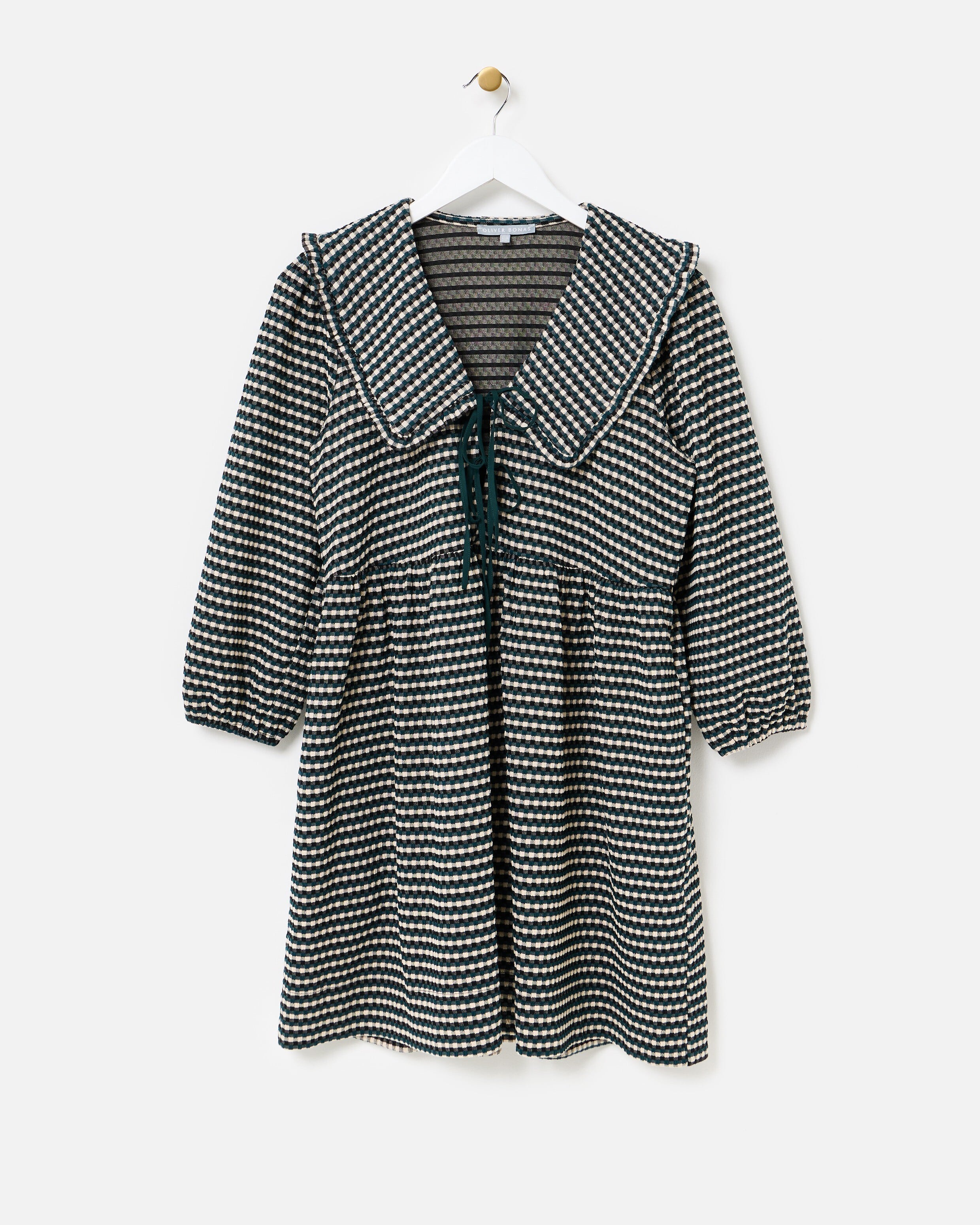 Green & White Checked Collar Mini Dress