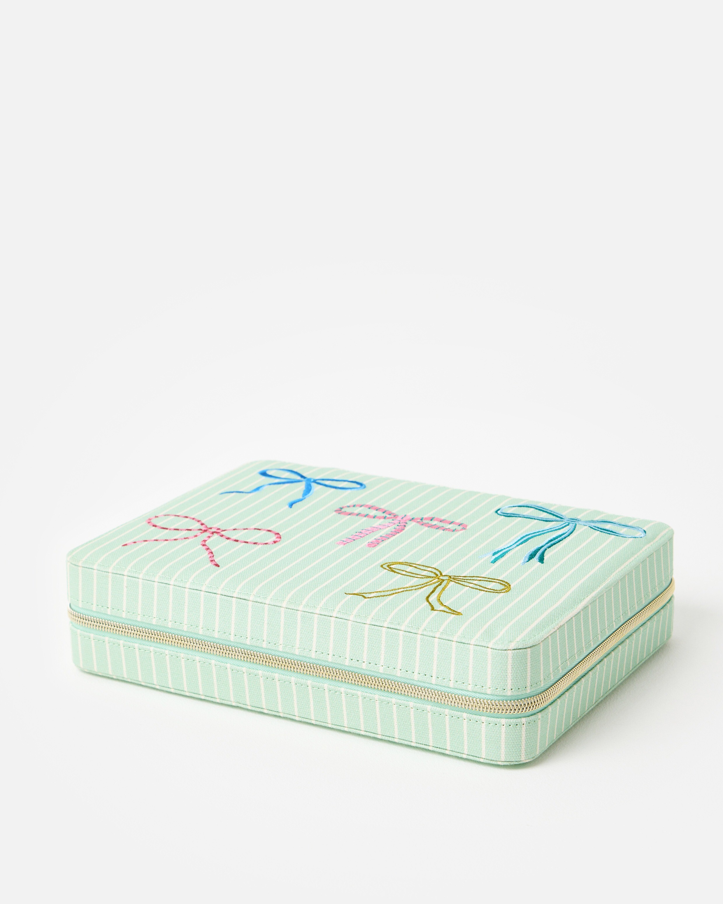Blue Striped Bow Large Fabric Jewellery Box