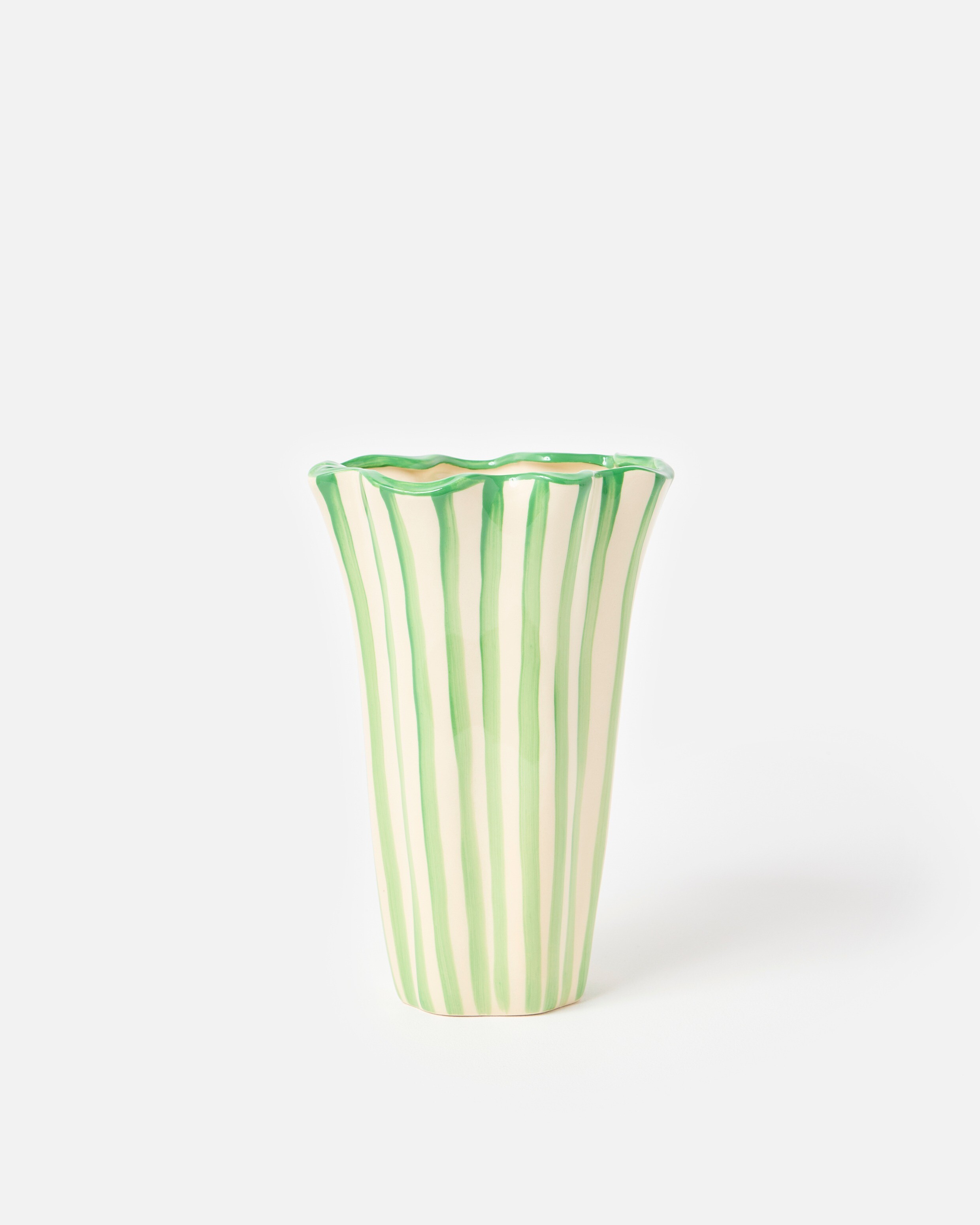 Green & White Striped Ceramic Vase