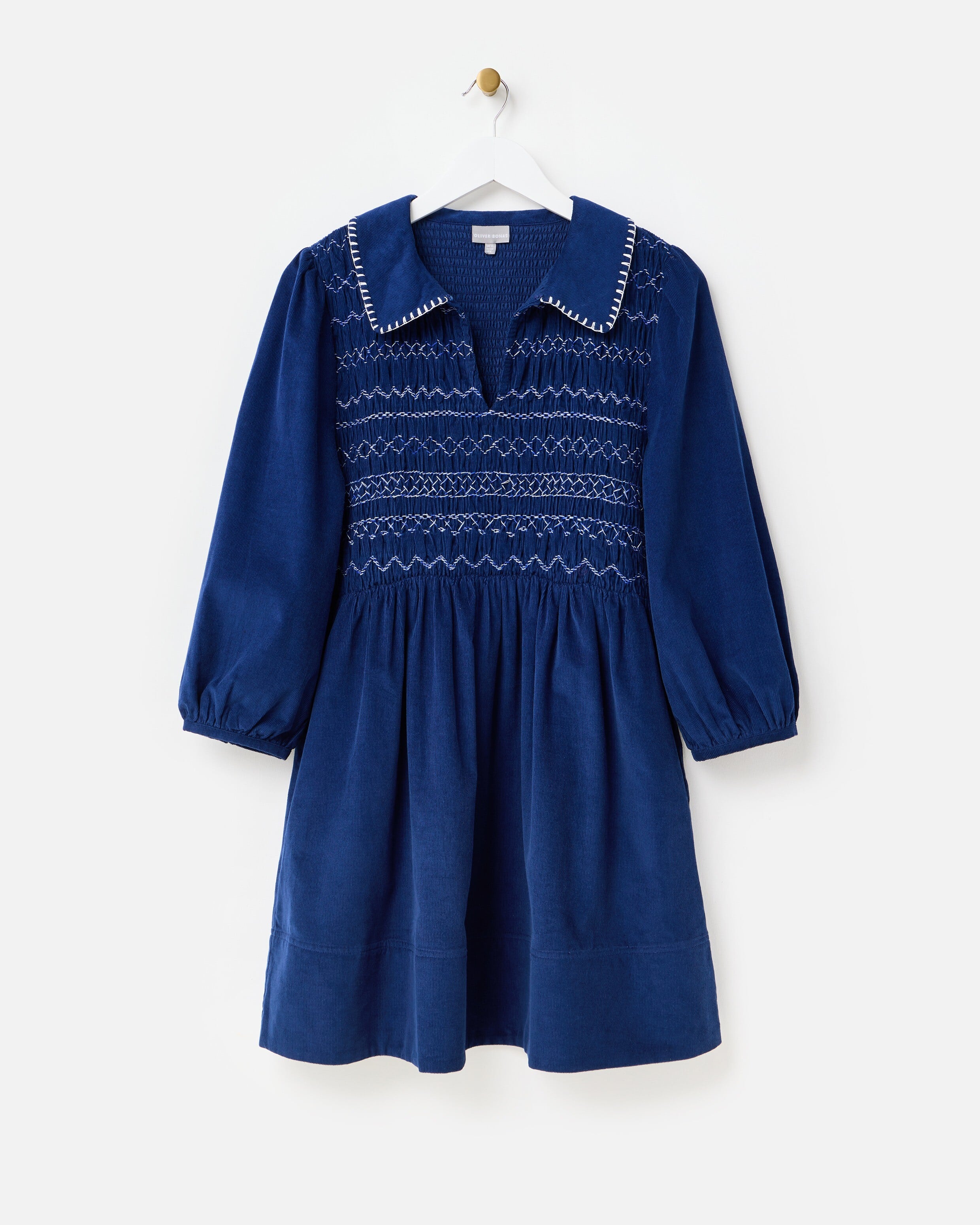 Blue Corduroy Shirred Bodice Collared Mini Dress