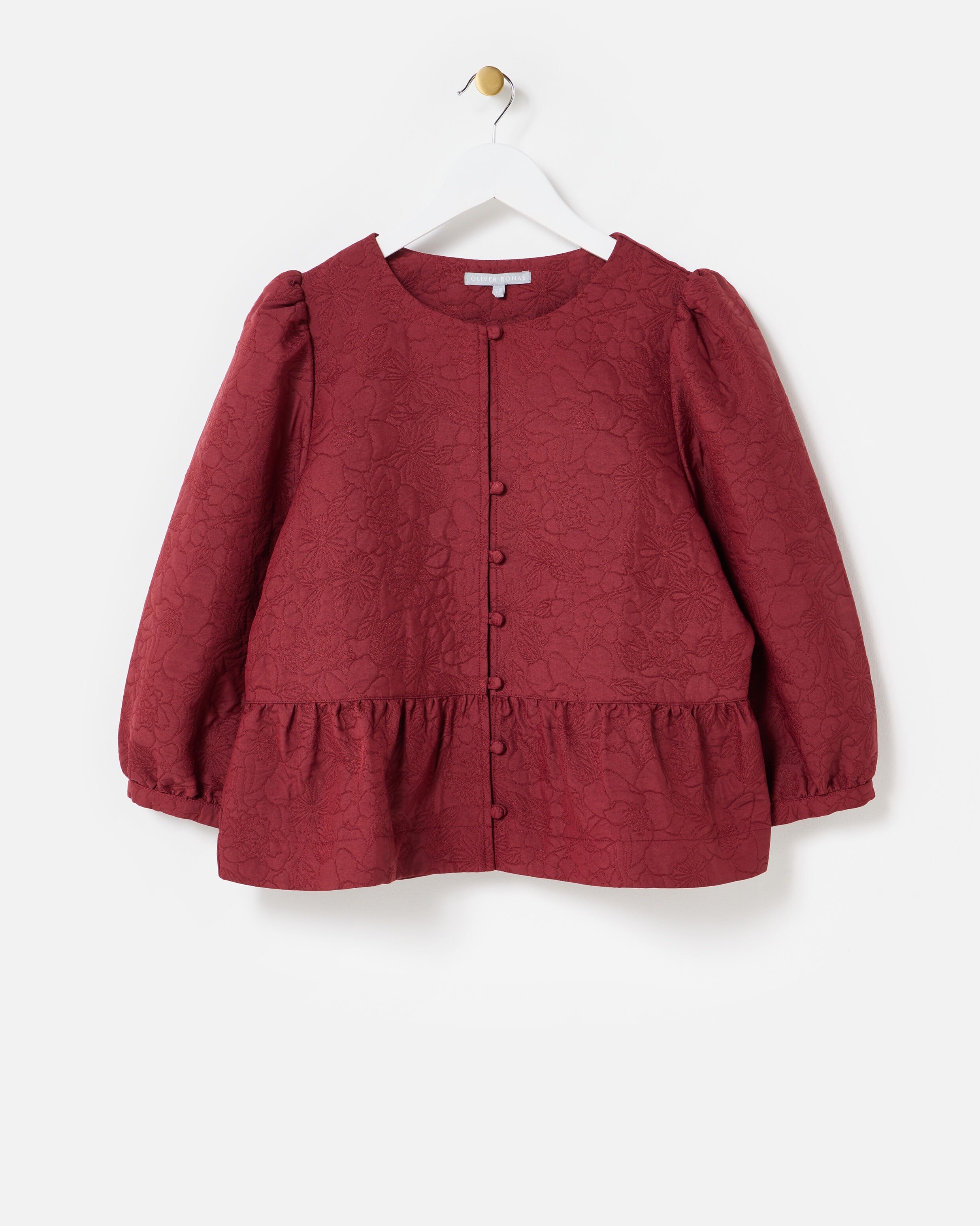 Burgundy Floral Jacquard Peplum Puff Sleeve Top
