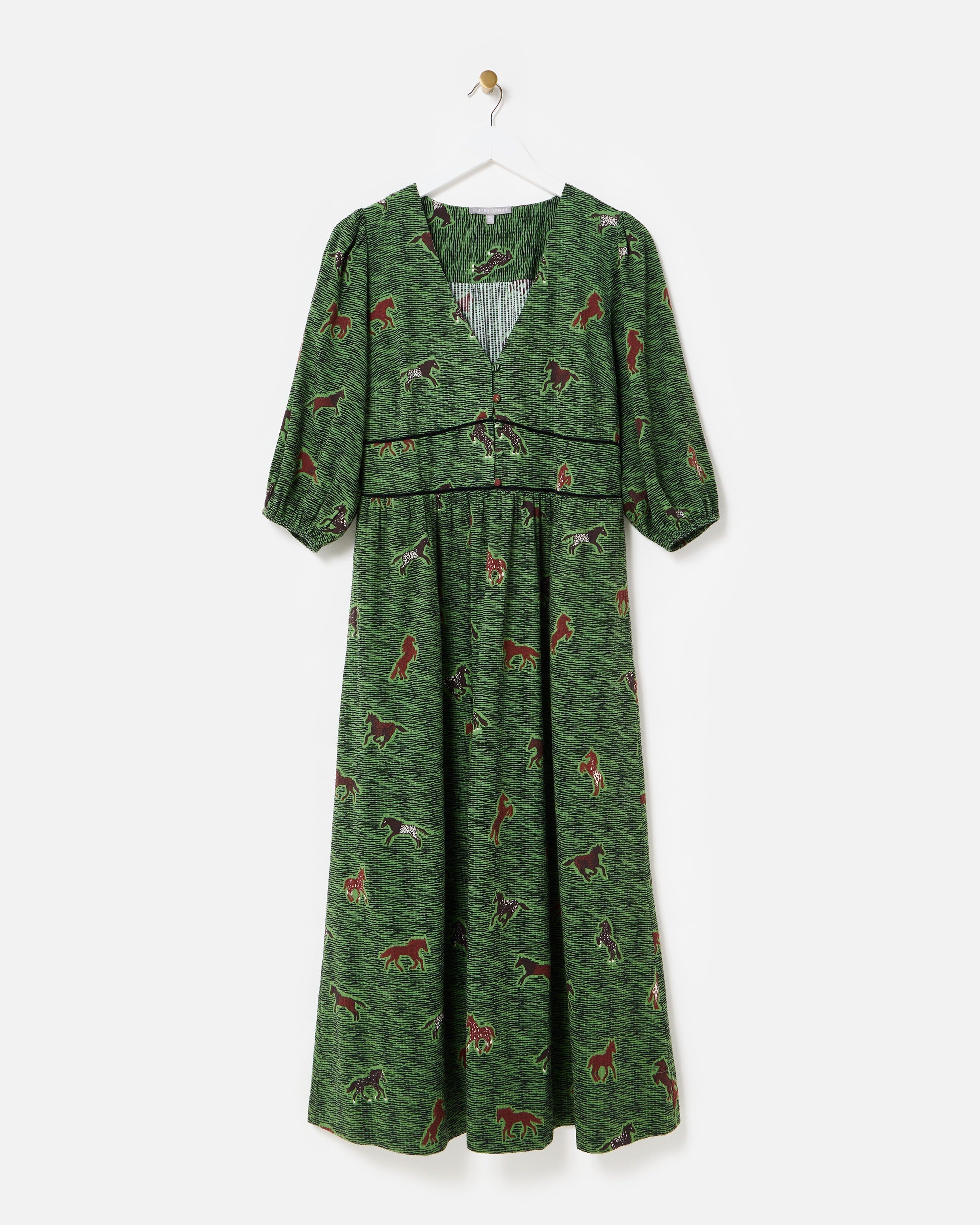 Green & Brown Horse Print V-Neck Midi Dress
