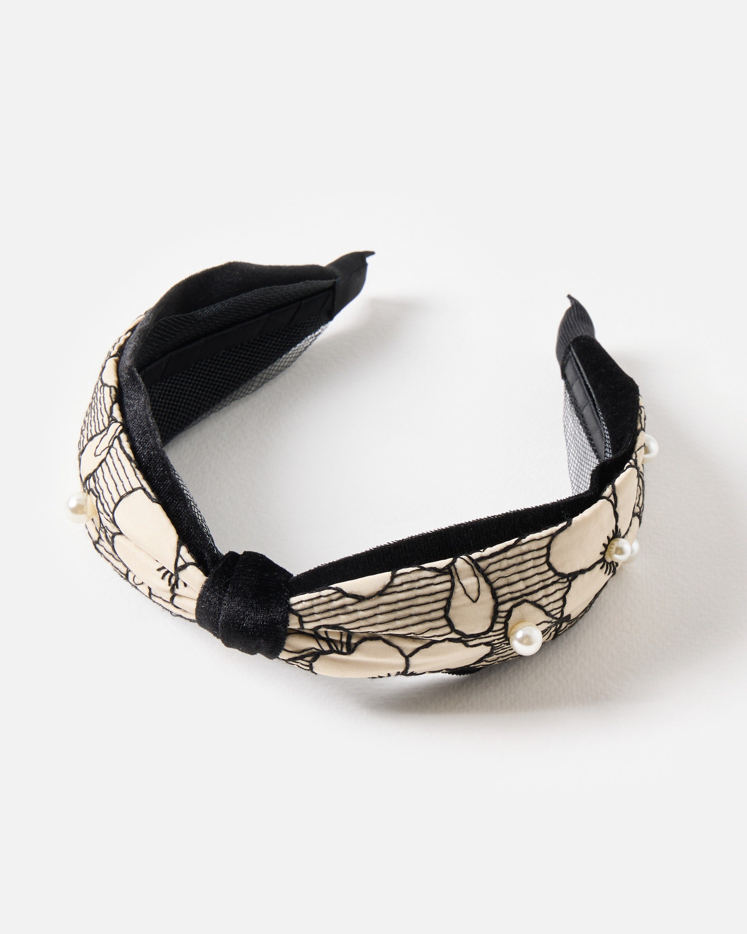 Harlow Embroidered Flower & Faux Pearl Knot Headband