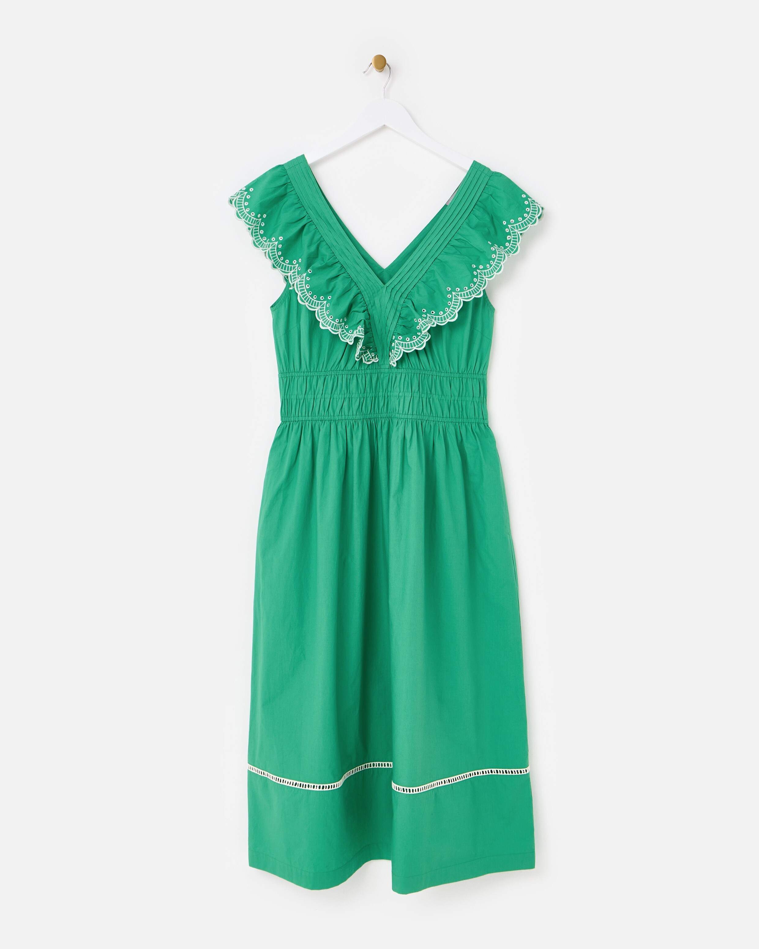 Green Broderie Frill V-Neck Cotton Midi Dress