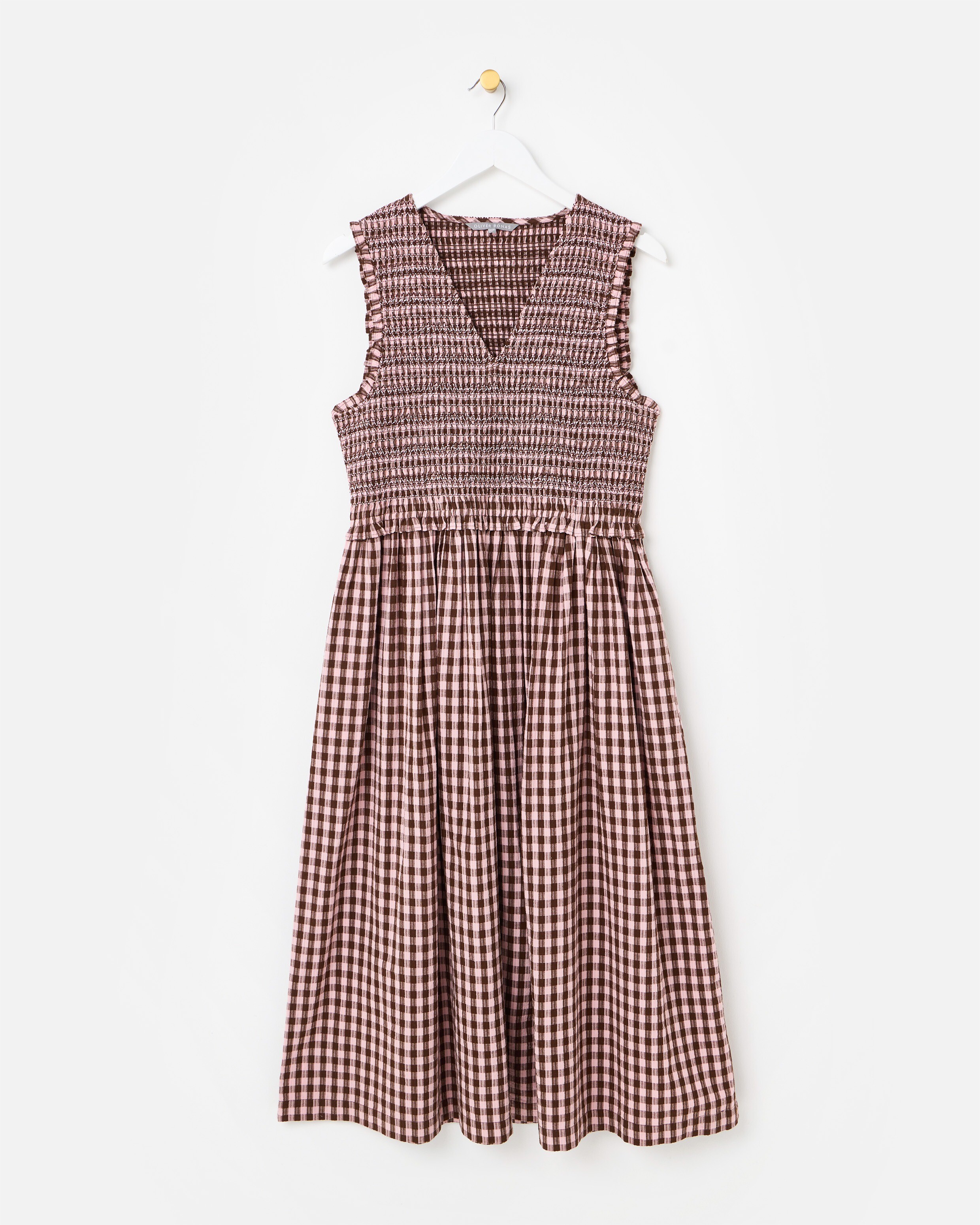 Pink & Brown Gingham Shirred Bodice V-Neck Cotton Midi Dress