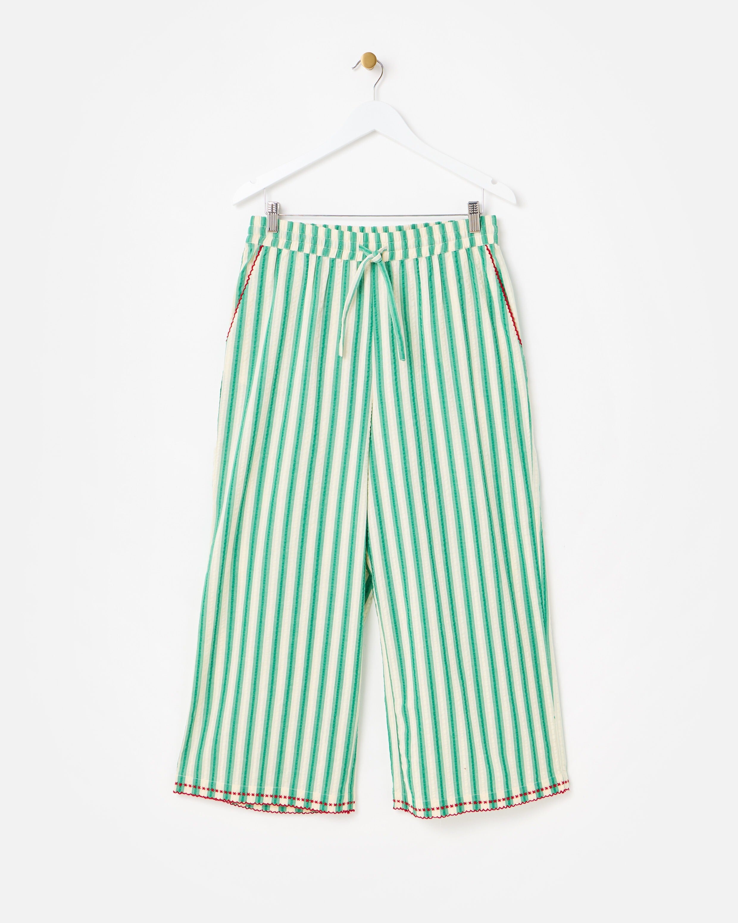 Green & Cream Striped Embroidered Hem Cotton Cropped Wide Leg Trousers