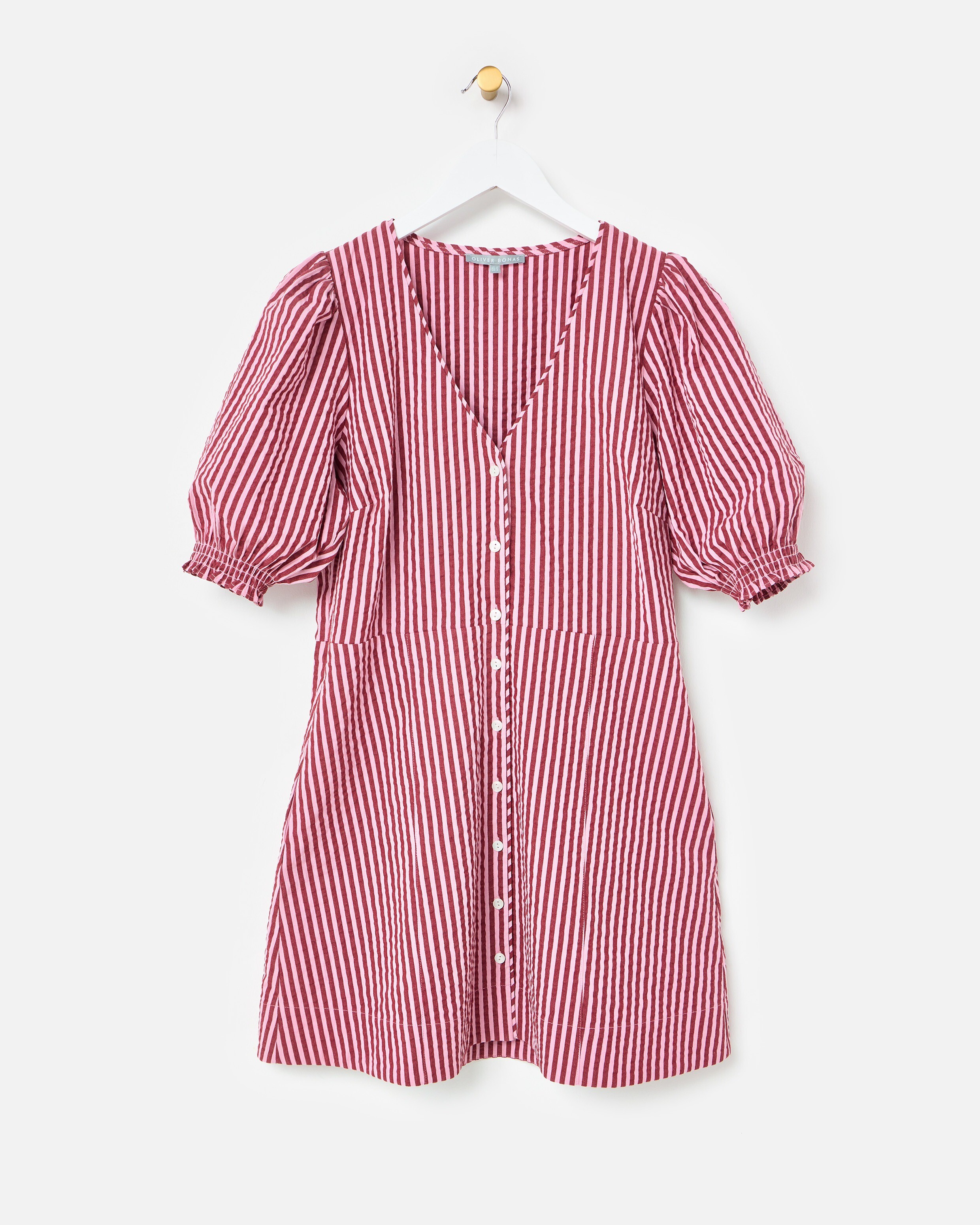 Pink & Burgundy Striped Seersucker Puff Sleeve Mini Dress