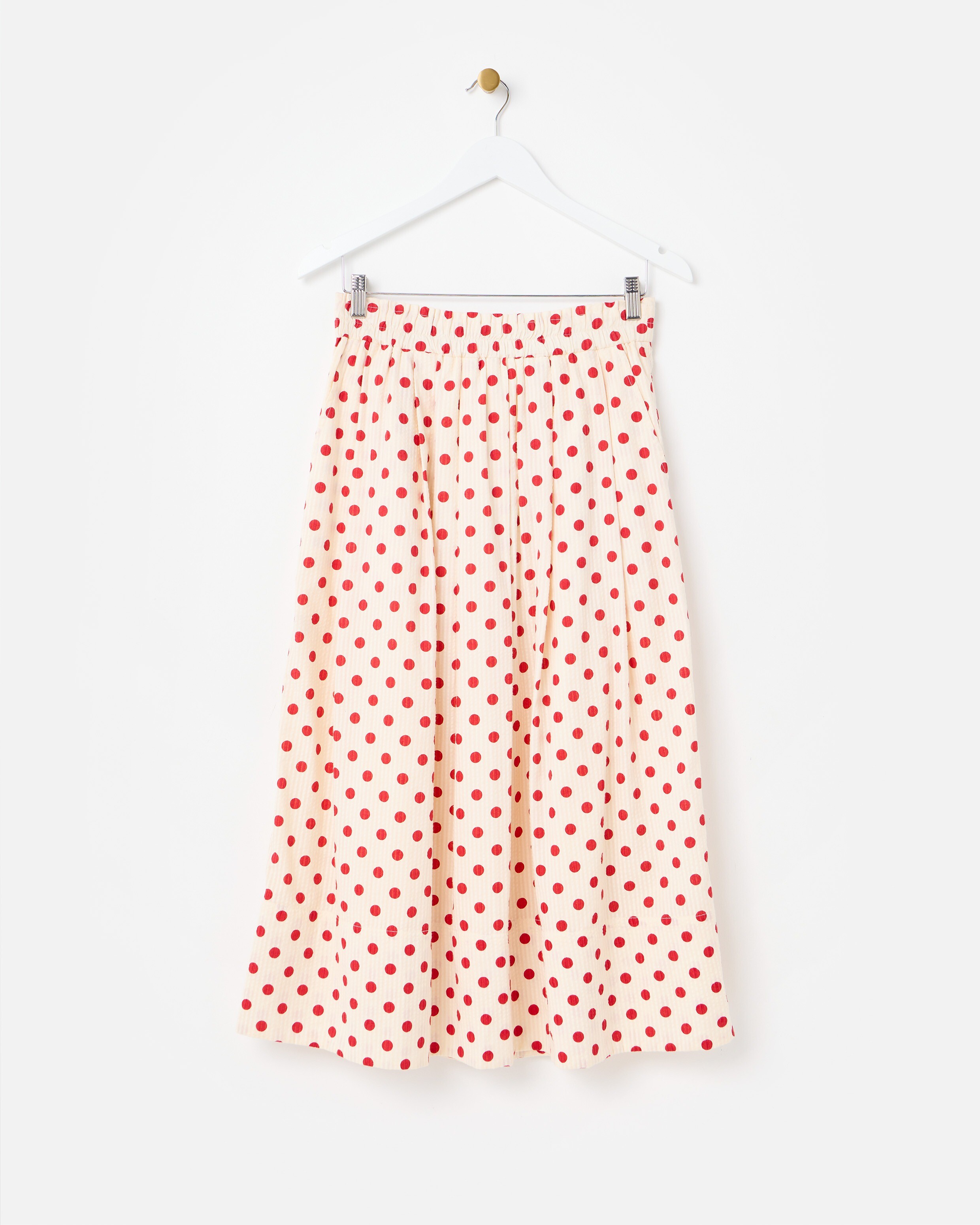 Cream & Red Polka Dot Elasticated Waist Cotton Midi Skirt