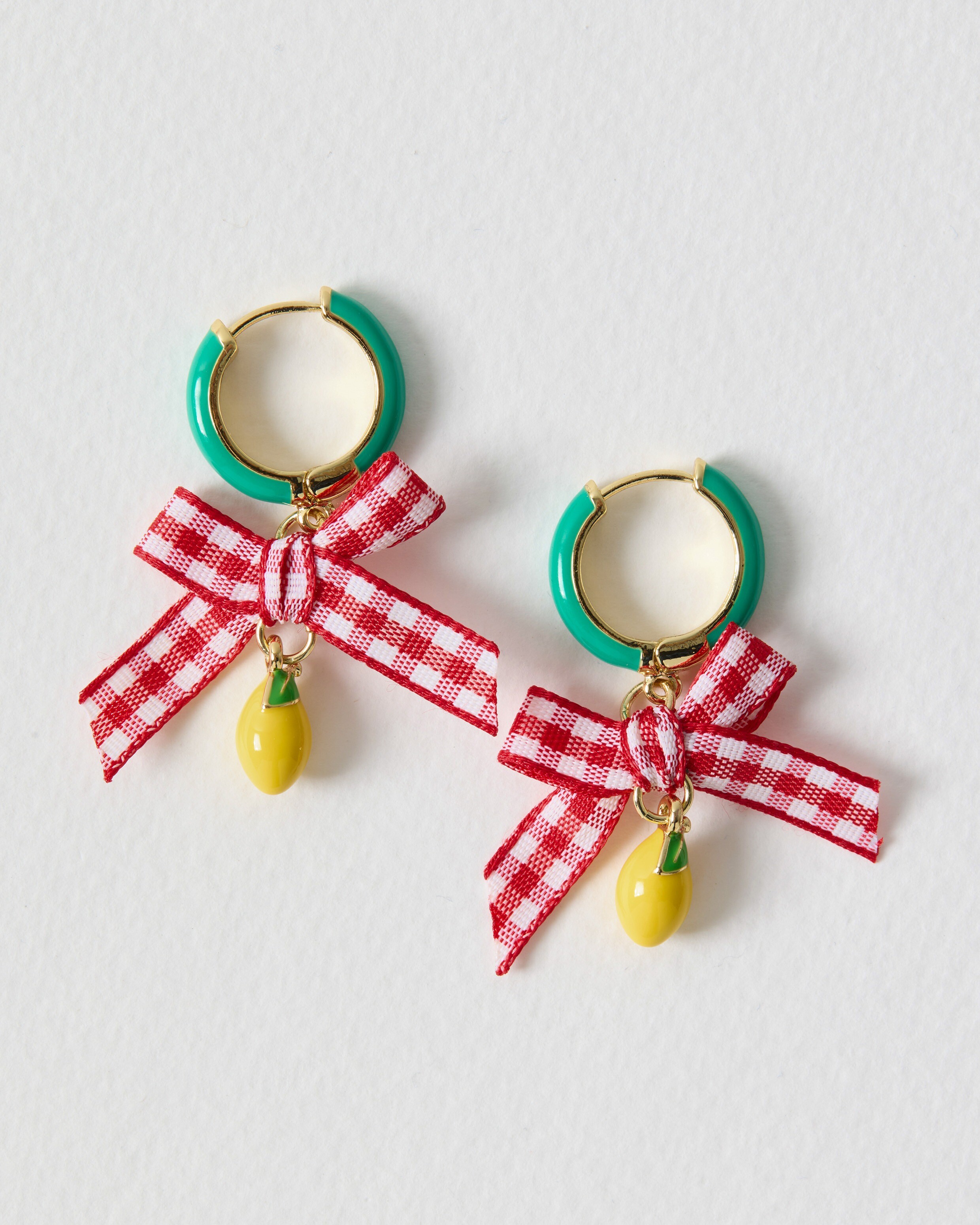 Janna Gingham Bow & Lemon Charm Drop Hoop Earrings