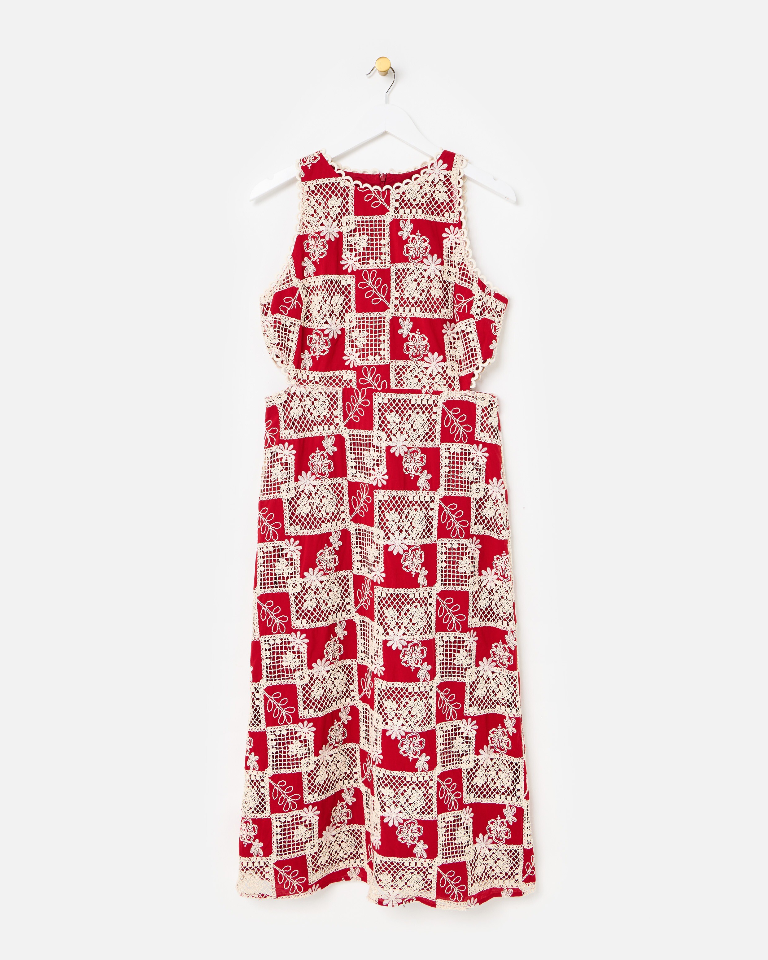 Red & Cream Embroidered Geometric Cut Out Cotton Midi Dress