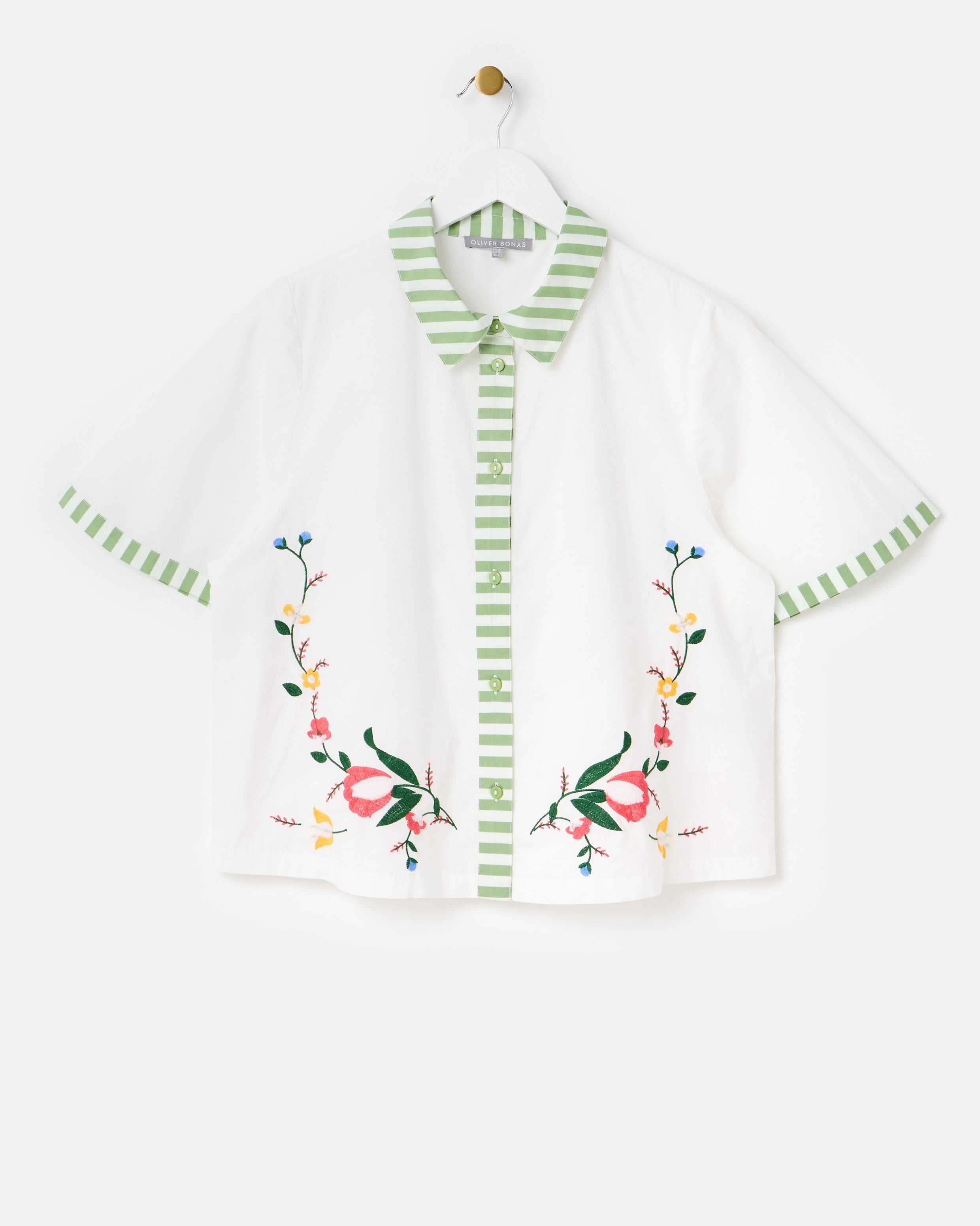 White Floral Embroidered Short Sleeve Shirt