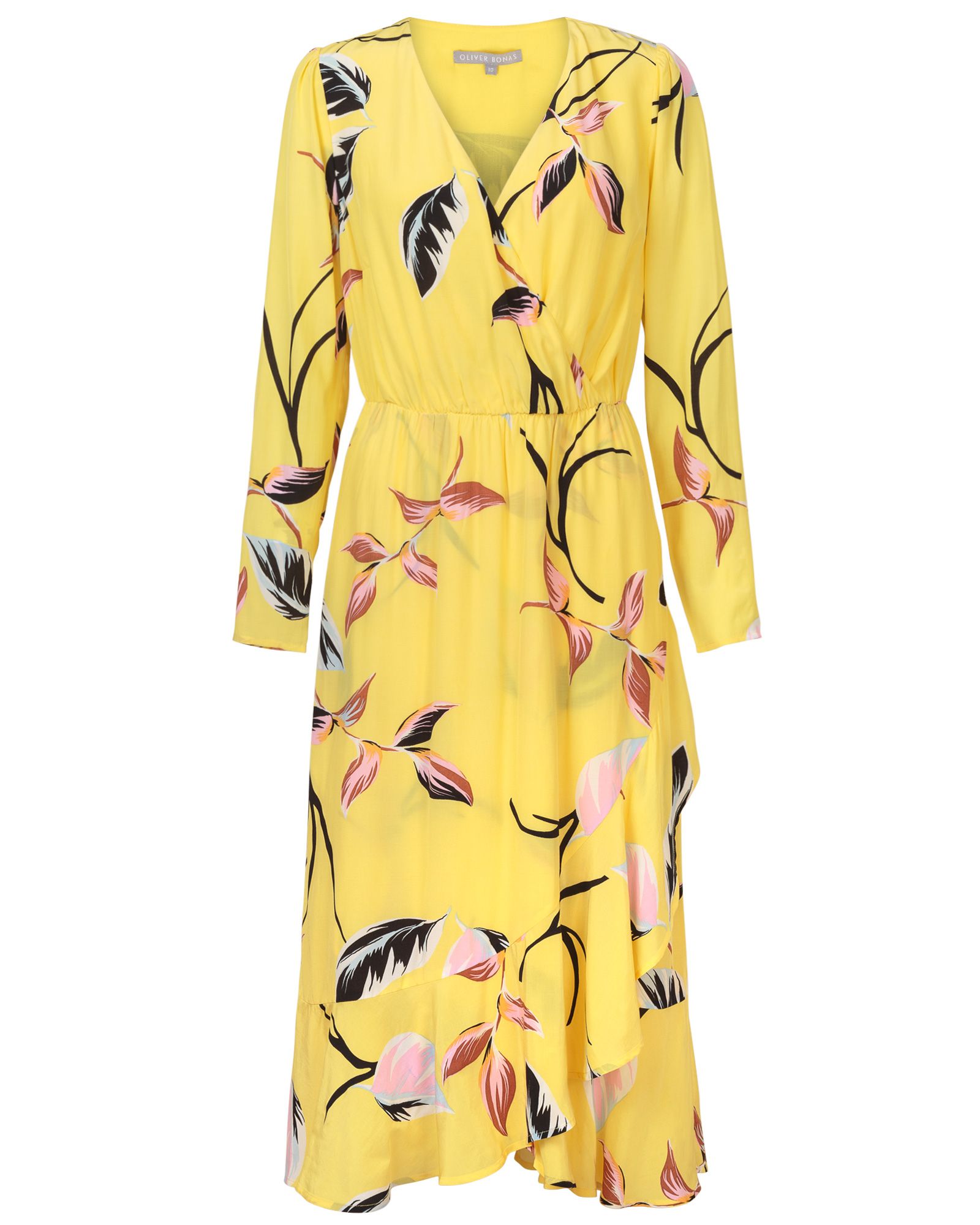 Leaf Print Yellow Wrap Dress | Oliver Bonas