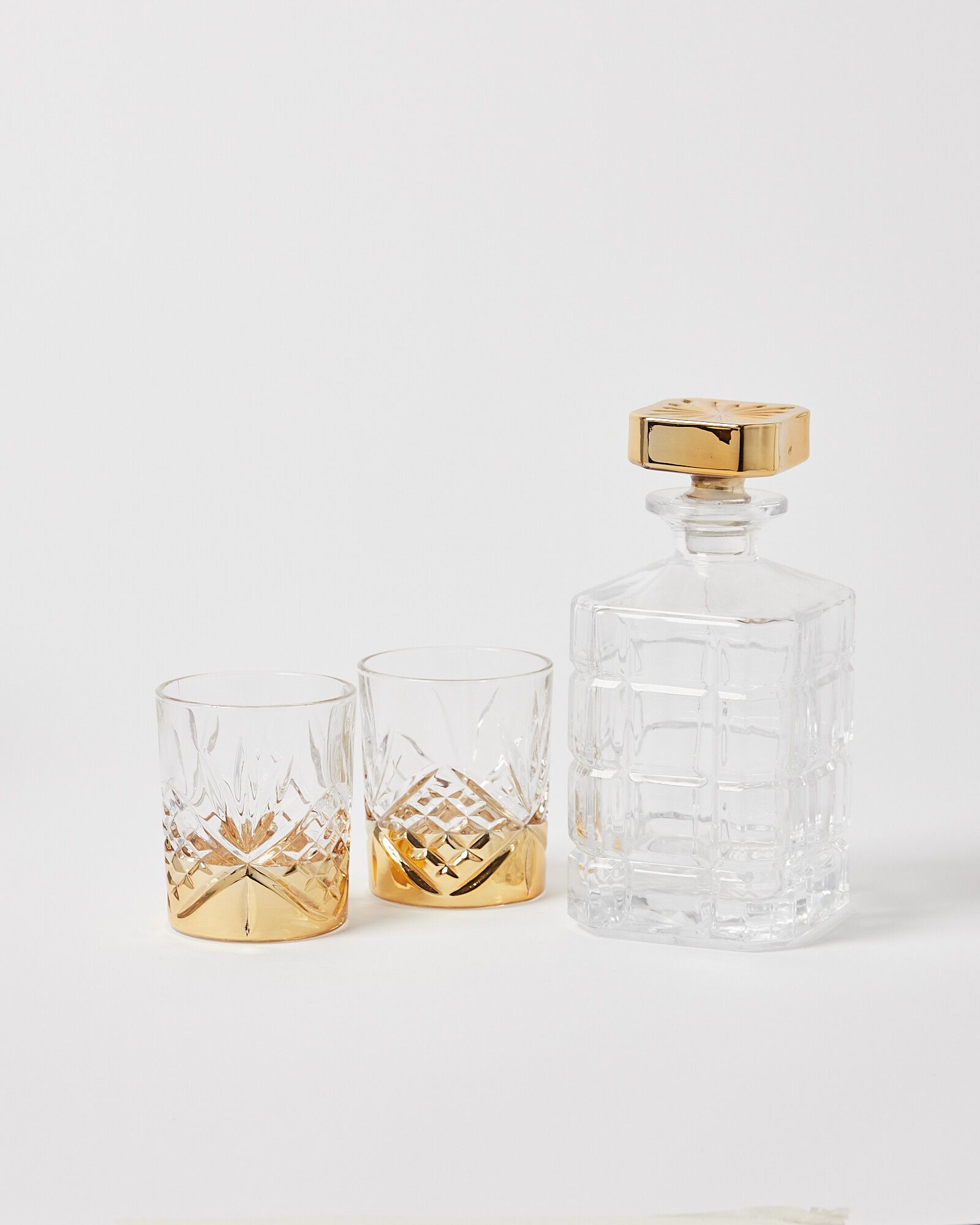 Nomu Gold Glass Decanter & Tumbler Set of Three | Oliver Bonas