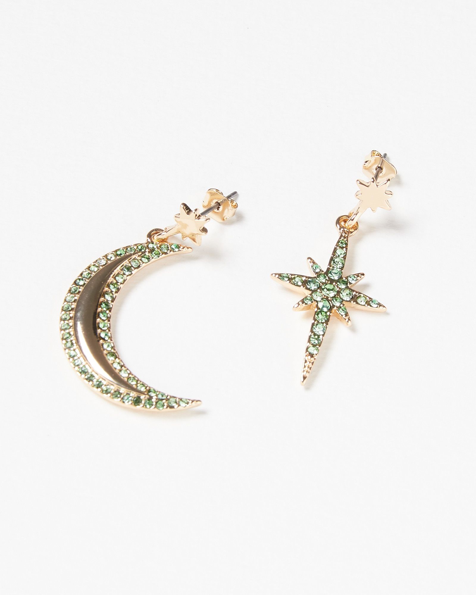 Soma Moon & Starburst Mismatched Green Statement Earrings | Oliver Bonas