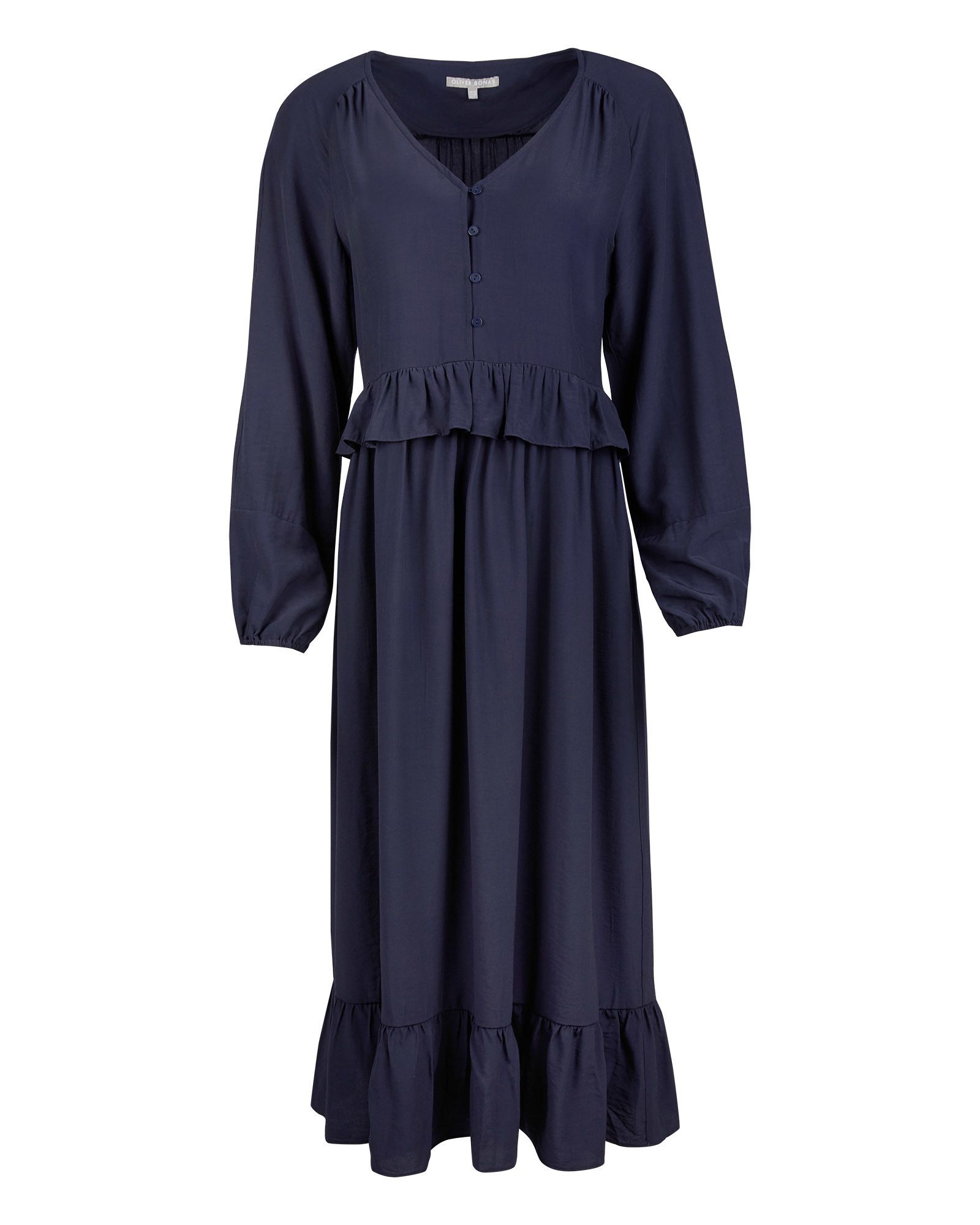 Navy Blue Ruffle Waist Midi Dress | Oliver Bonas