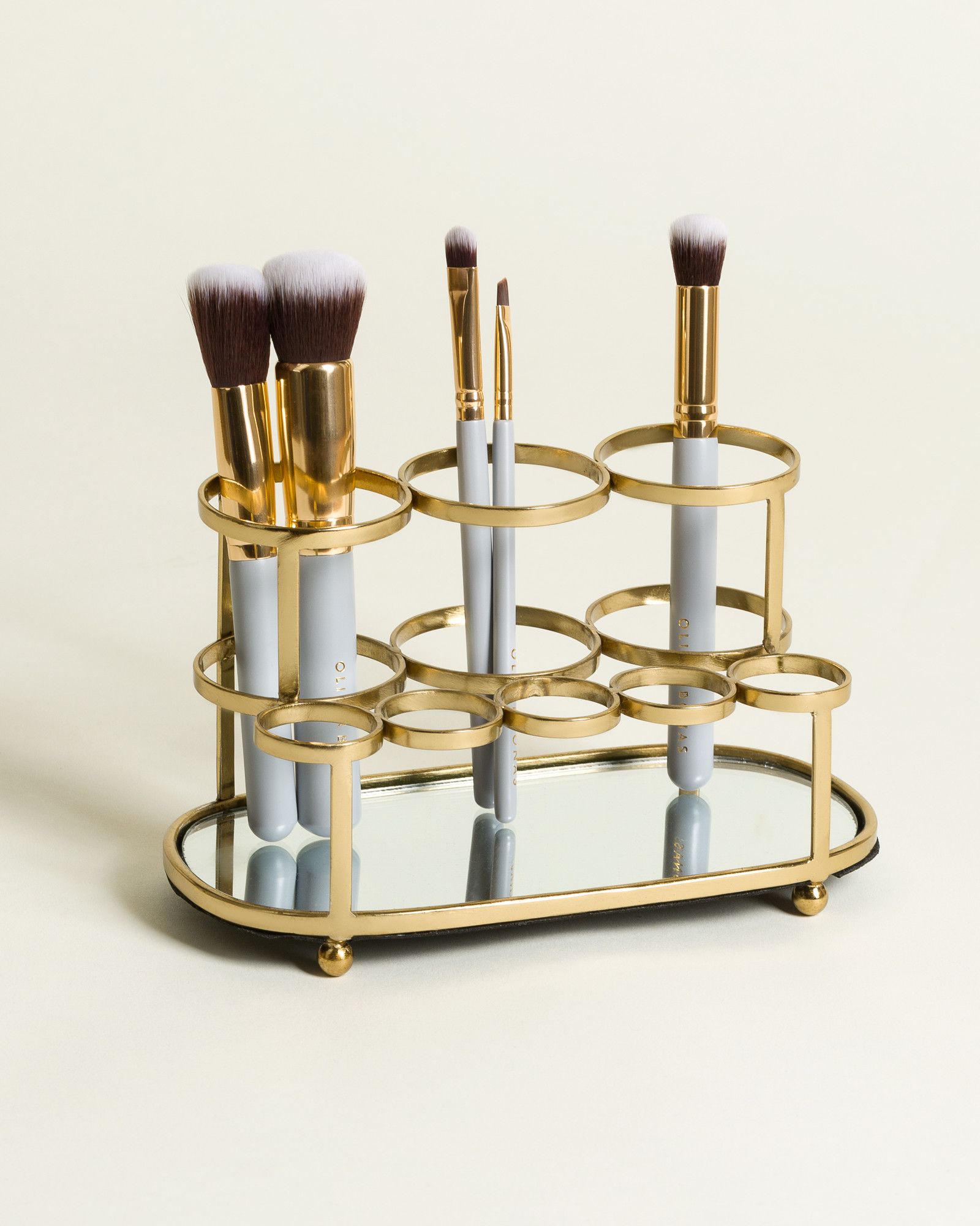 Mirror Base Gold Metal Makeup Brush & Lipstick Holder