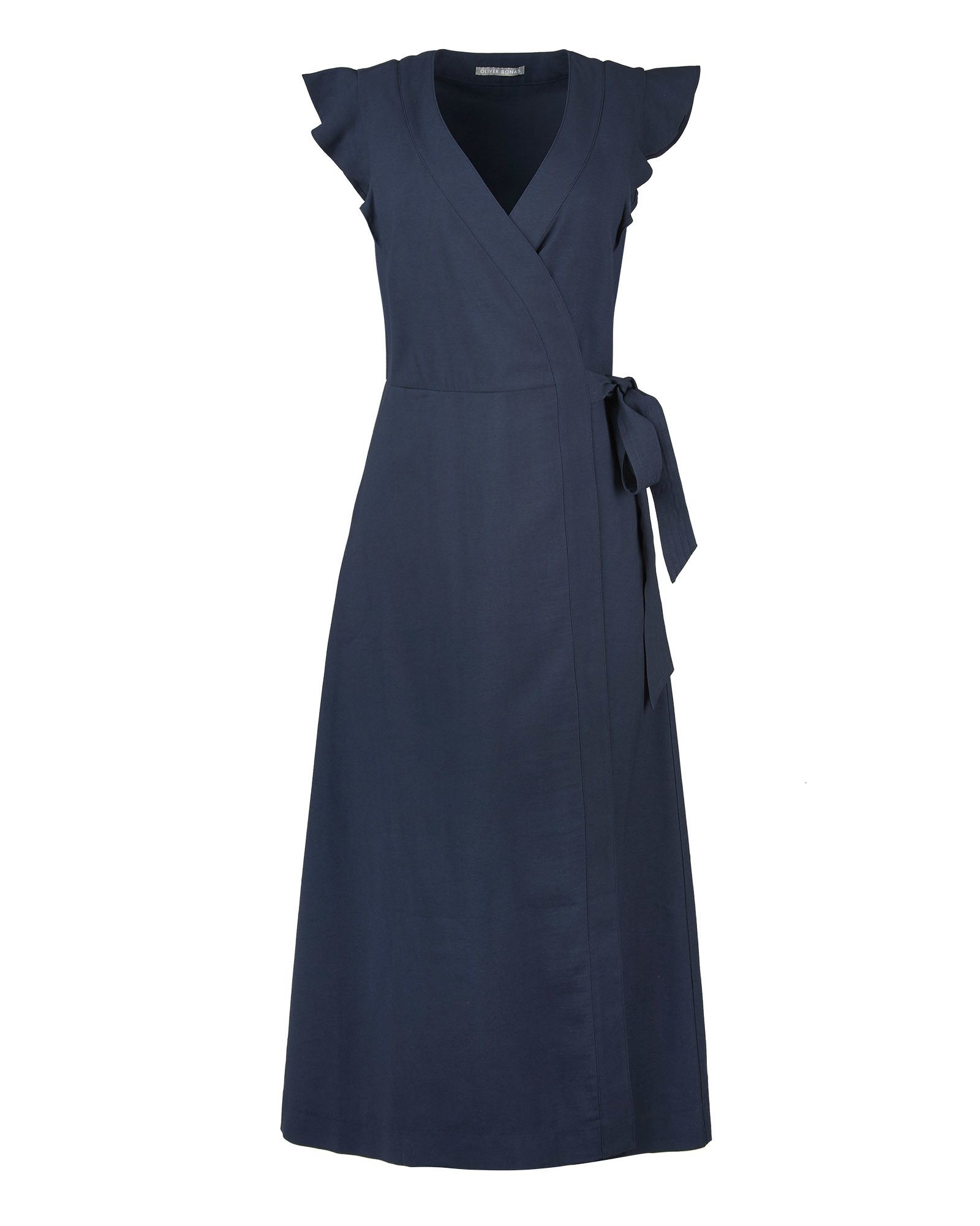 Ruffle Sleeve Navy Blue Midi Wrap Dress ...