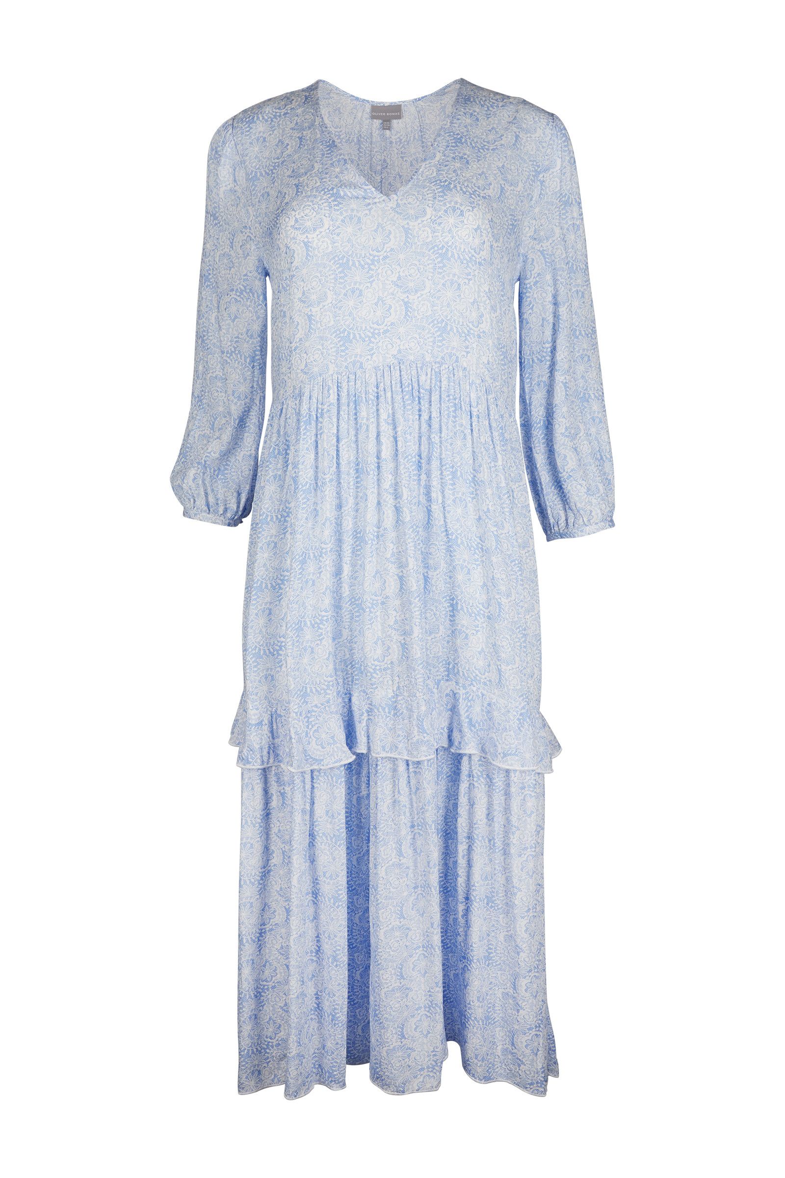 Buy > blue tiered midi dress > in stock