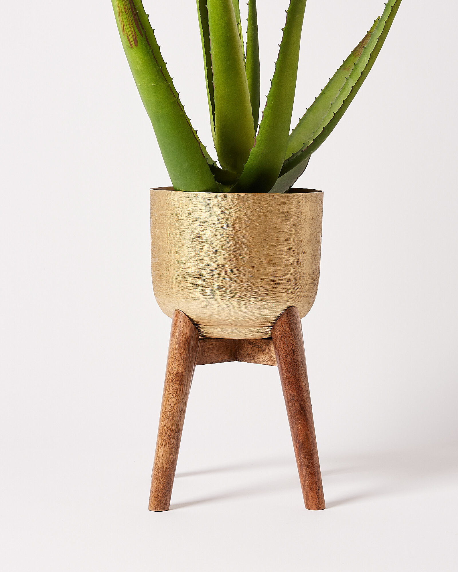 Gold Metal Planter & Mango Wood Stand Oliver Bonas
