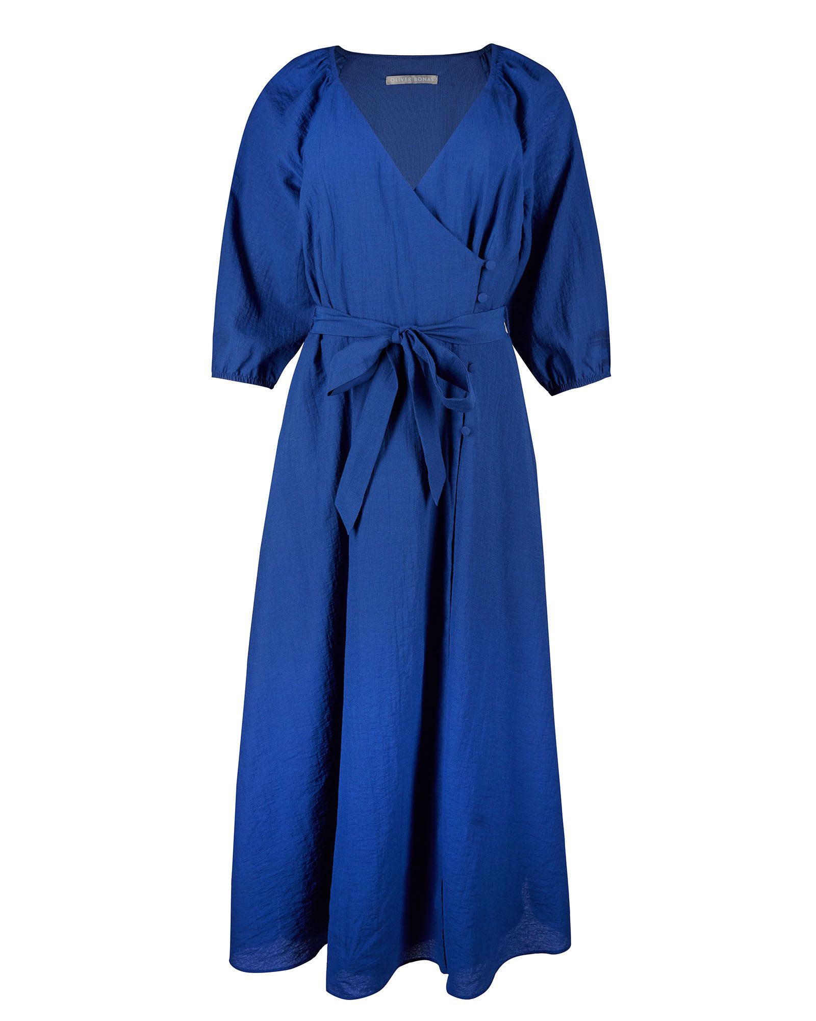 Textured Cobalt Blue Midi Wrap Dress ...
