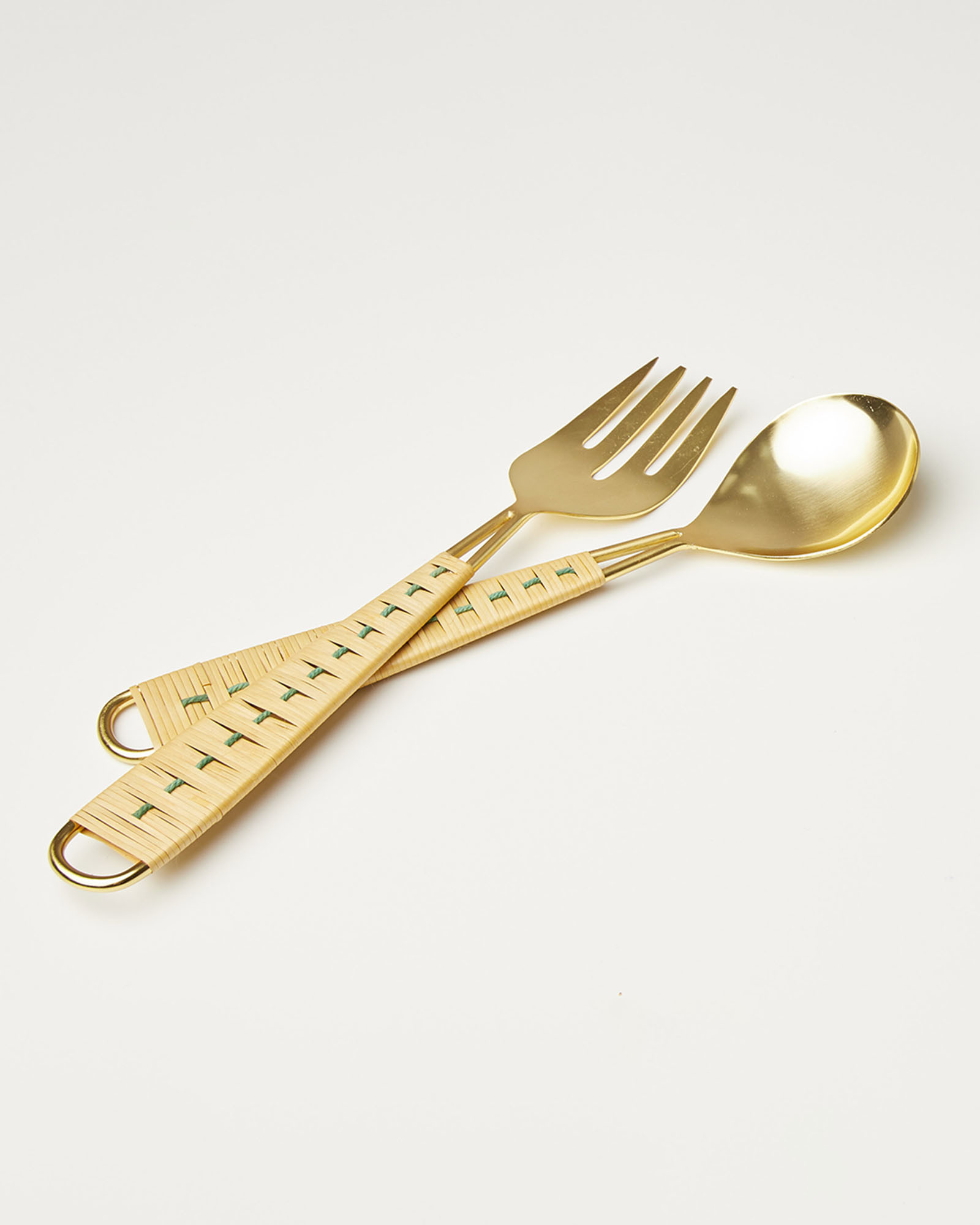 Rattan & Gold Metal Salad Servers Oliver Bonas