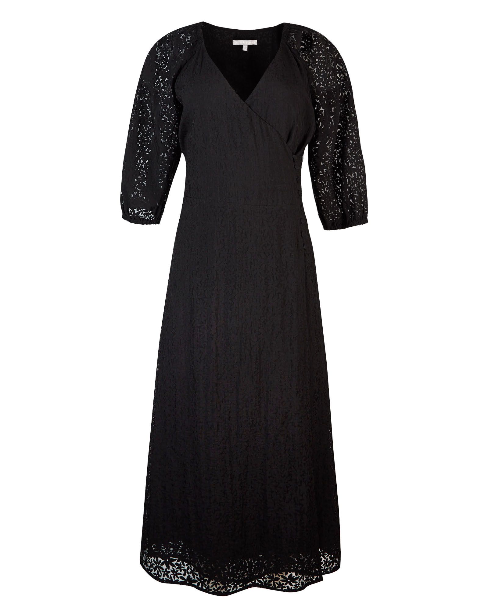 Shoshana Burnout Floral Black Midi Wrap Dress | Oliver Bonas