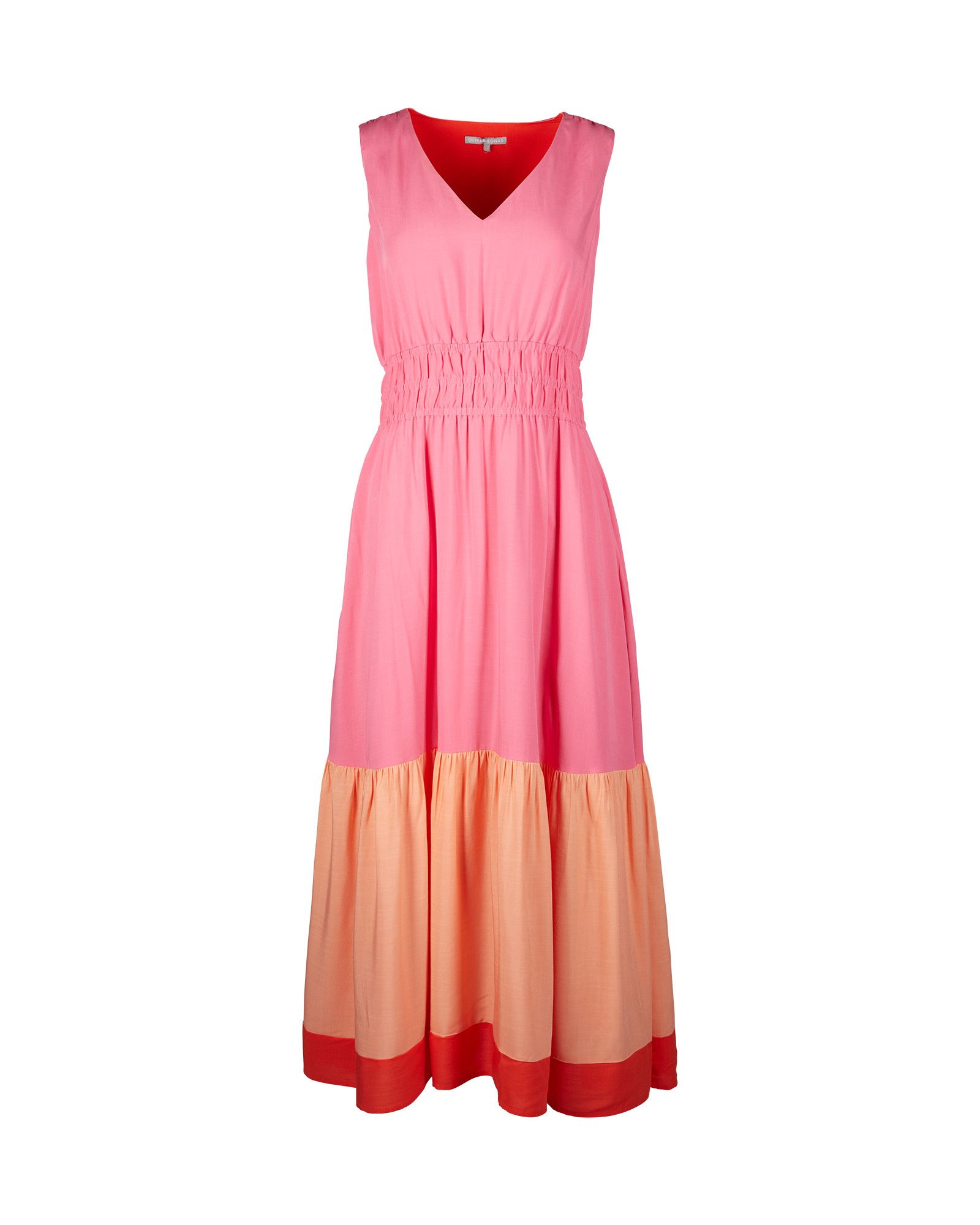 Colour Block Pink Tiered Midi Dress | Oliver Bonas