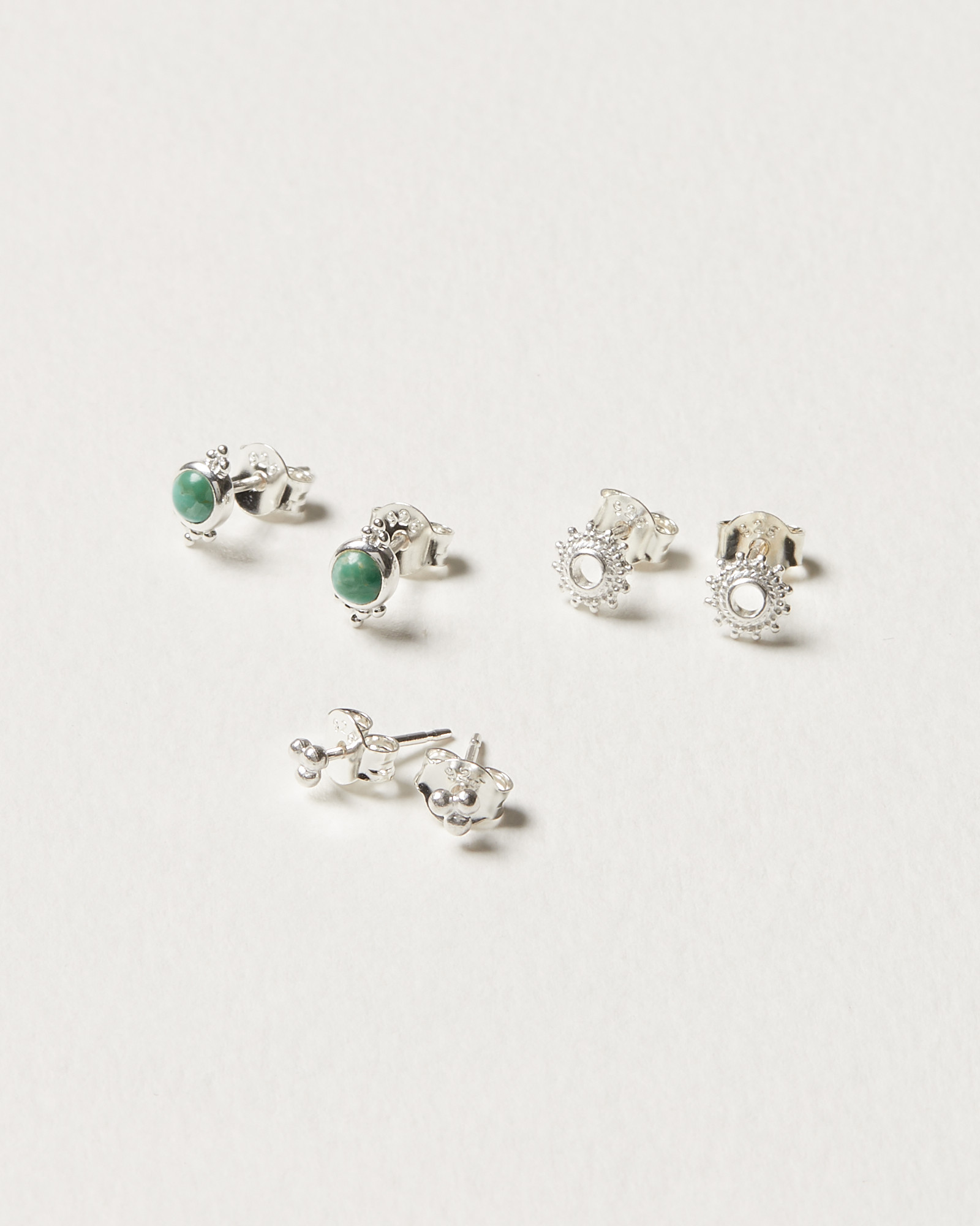 Adyar Stone Inlay Dot Detail Silver Stud Earrings Pack of Two Oliver