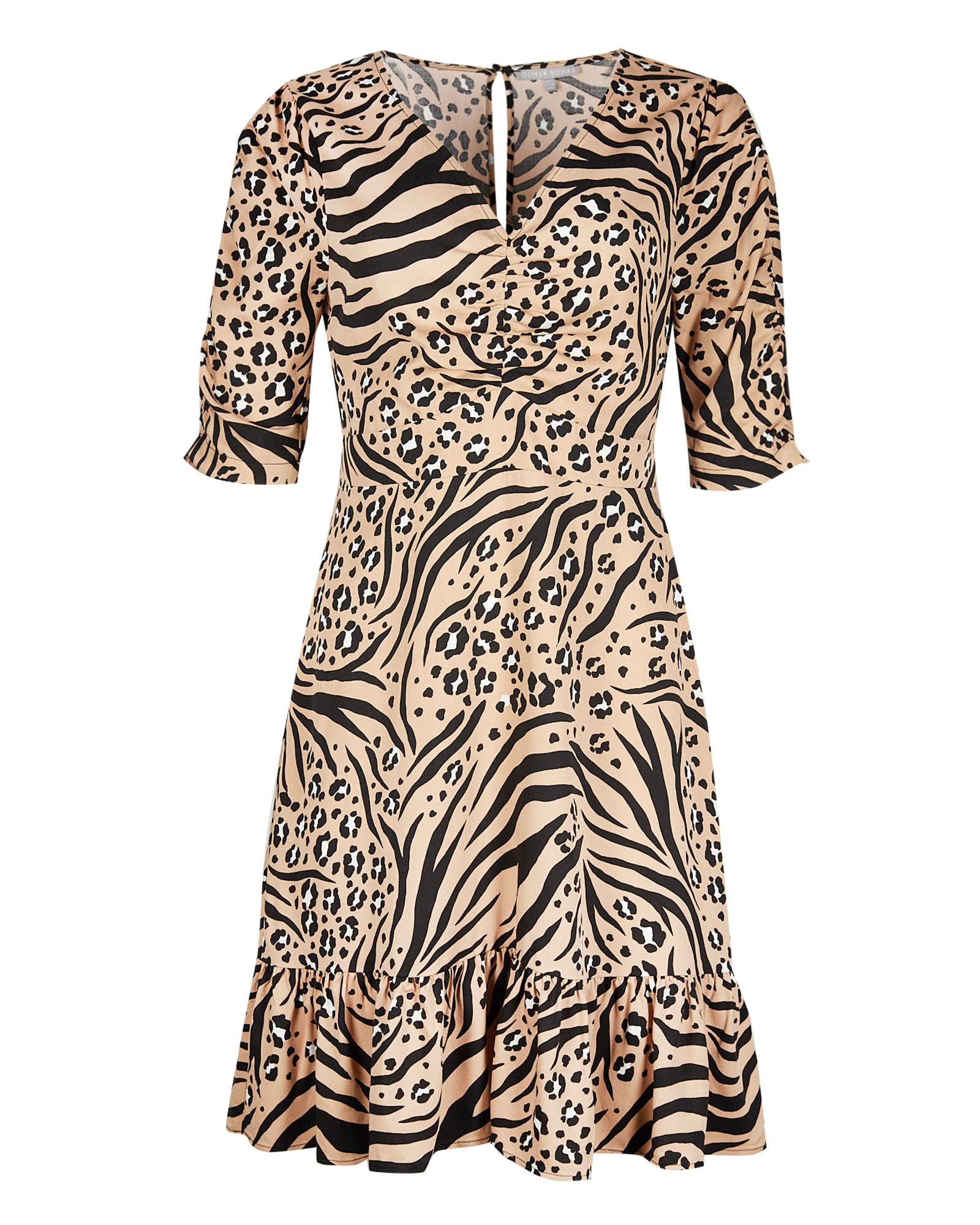 Oliver Bonas Women Animal Print Brown Ruffle Mini Dress | eBay