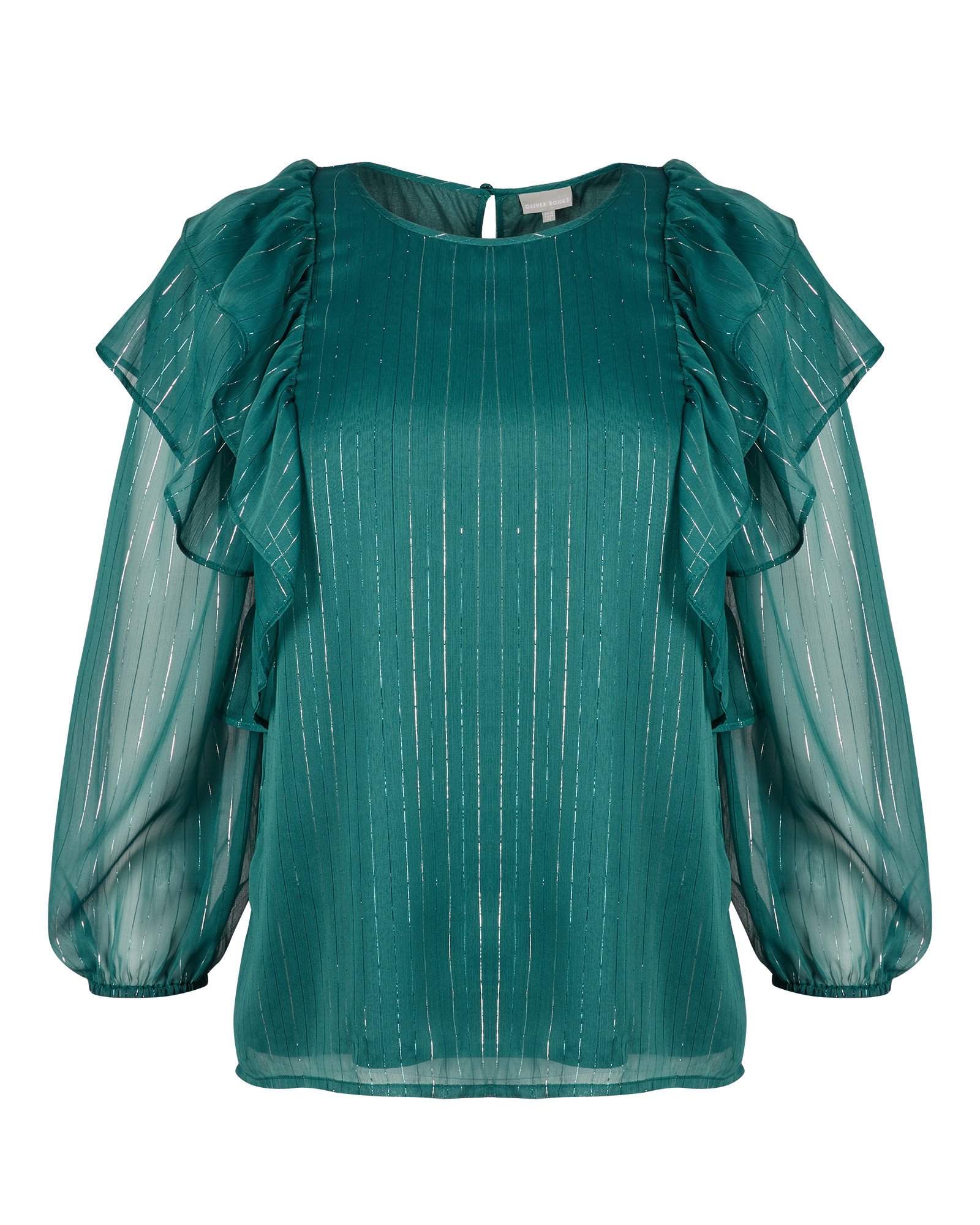 Metallic Stripe & Frill Sleeve Green Blouse Oliver Bonas