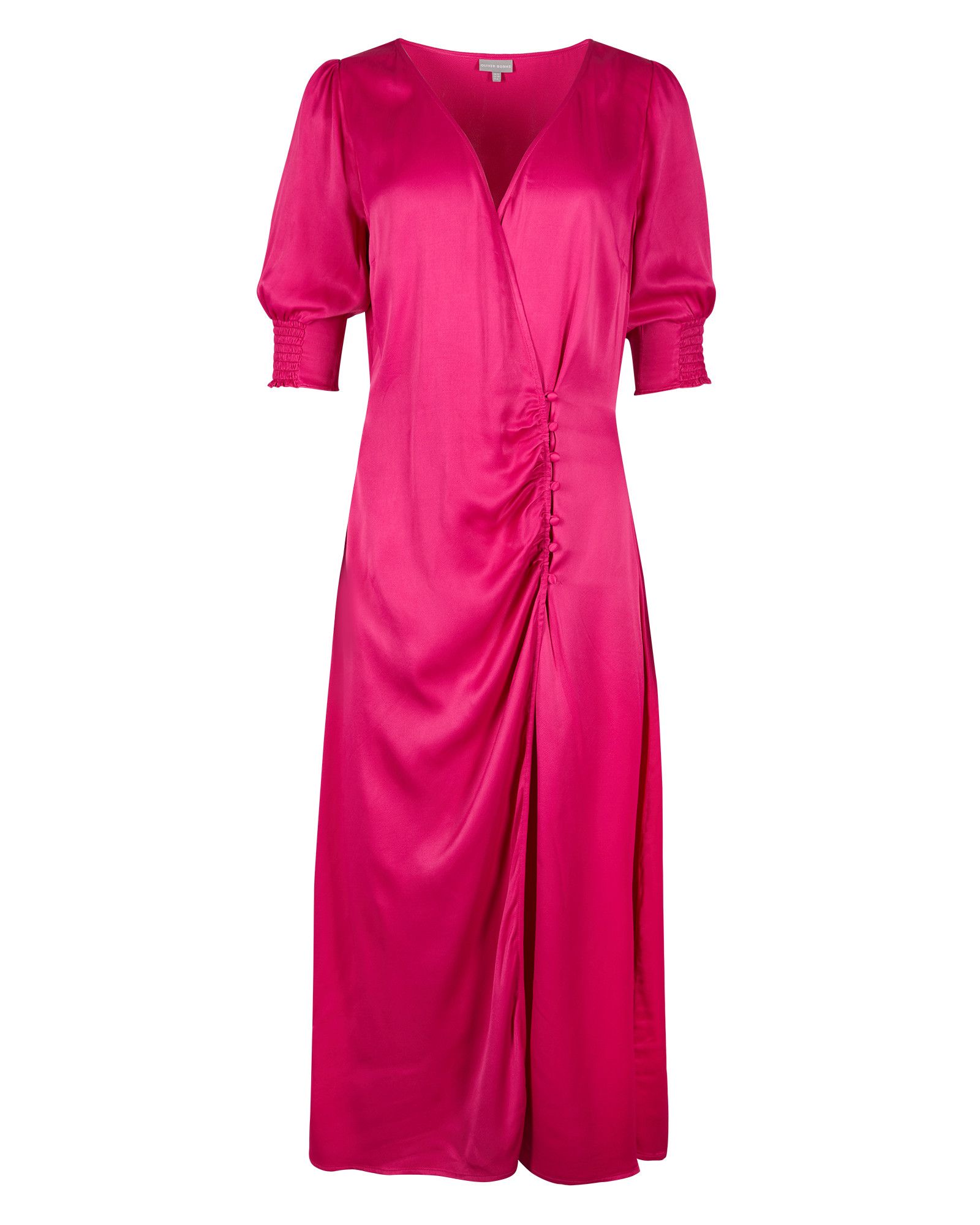Pink Satin Button Front Wrap Midi Dress | Oliver Bonas