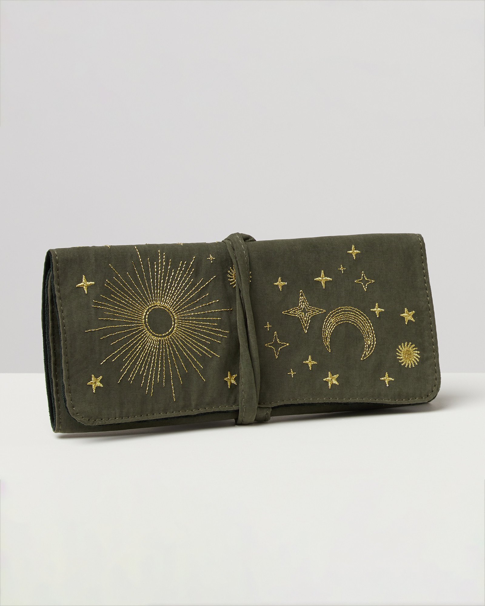 Embroidered Stars Khaki Green Jewellery Roll Oliver Bonas