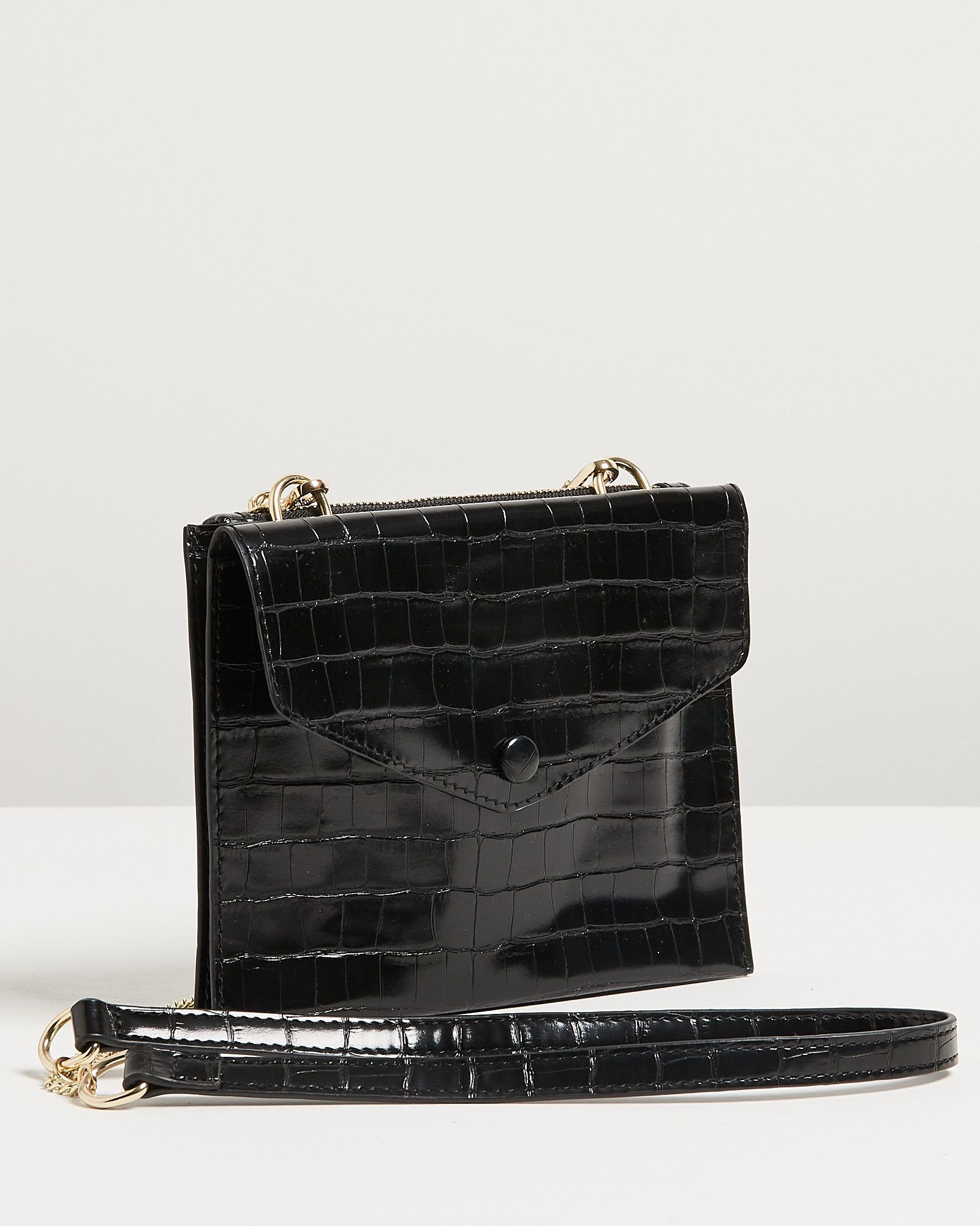 Nina Faux Croc Black Mini Envelope Crossbody Bag | Oliver Bonas