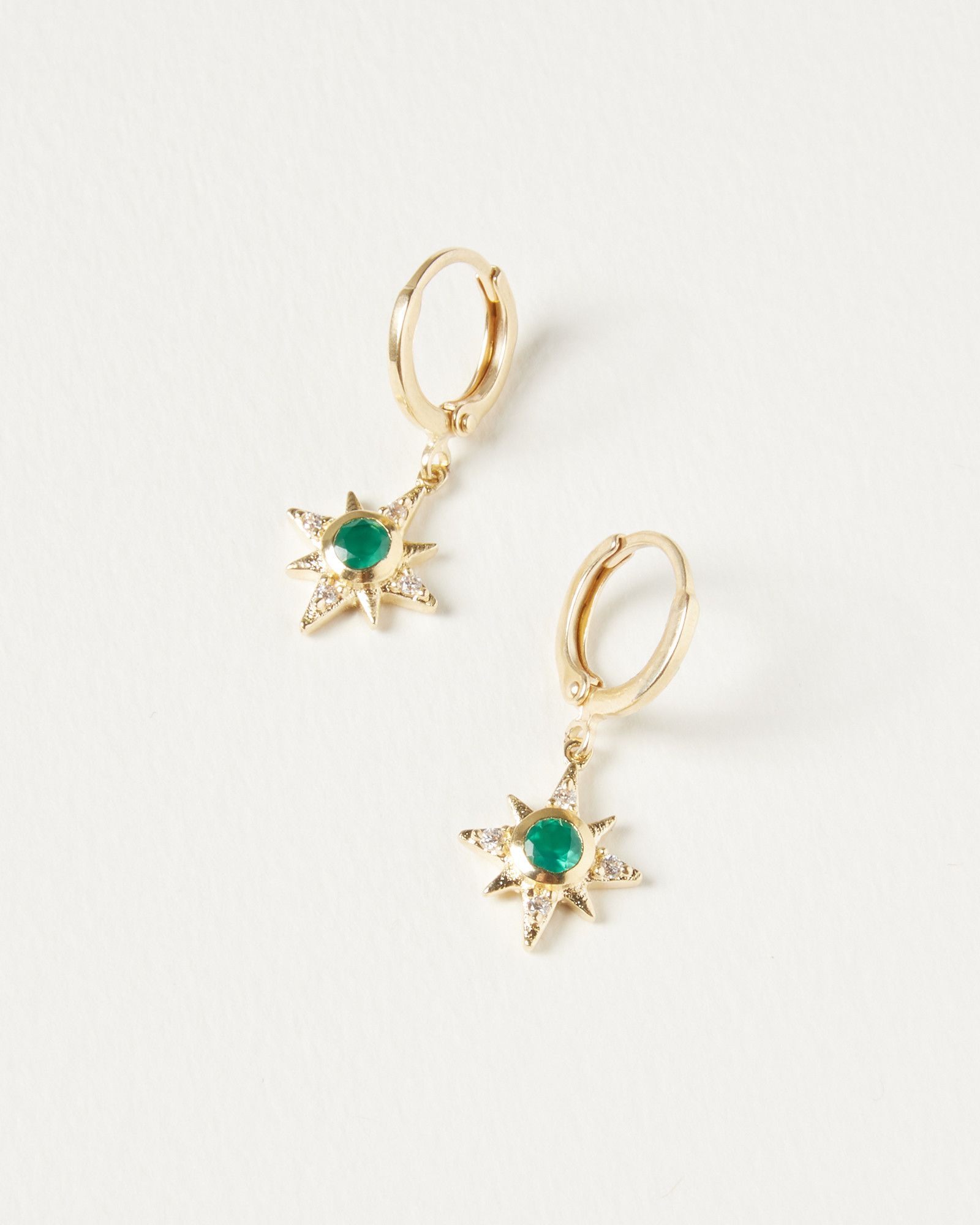 Solar Star & Green Gem Gold Plated Drop Huggie Earrings | Oliver Bonas US