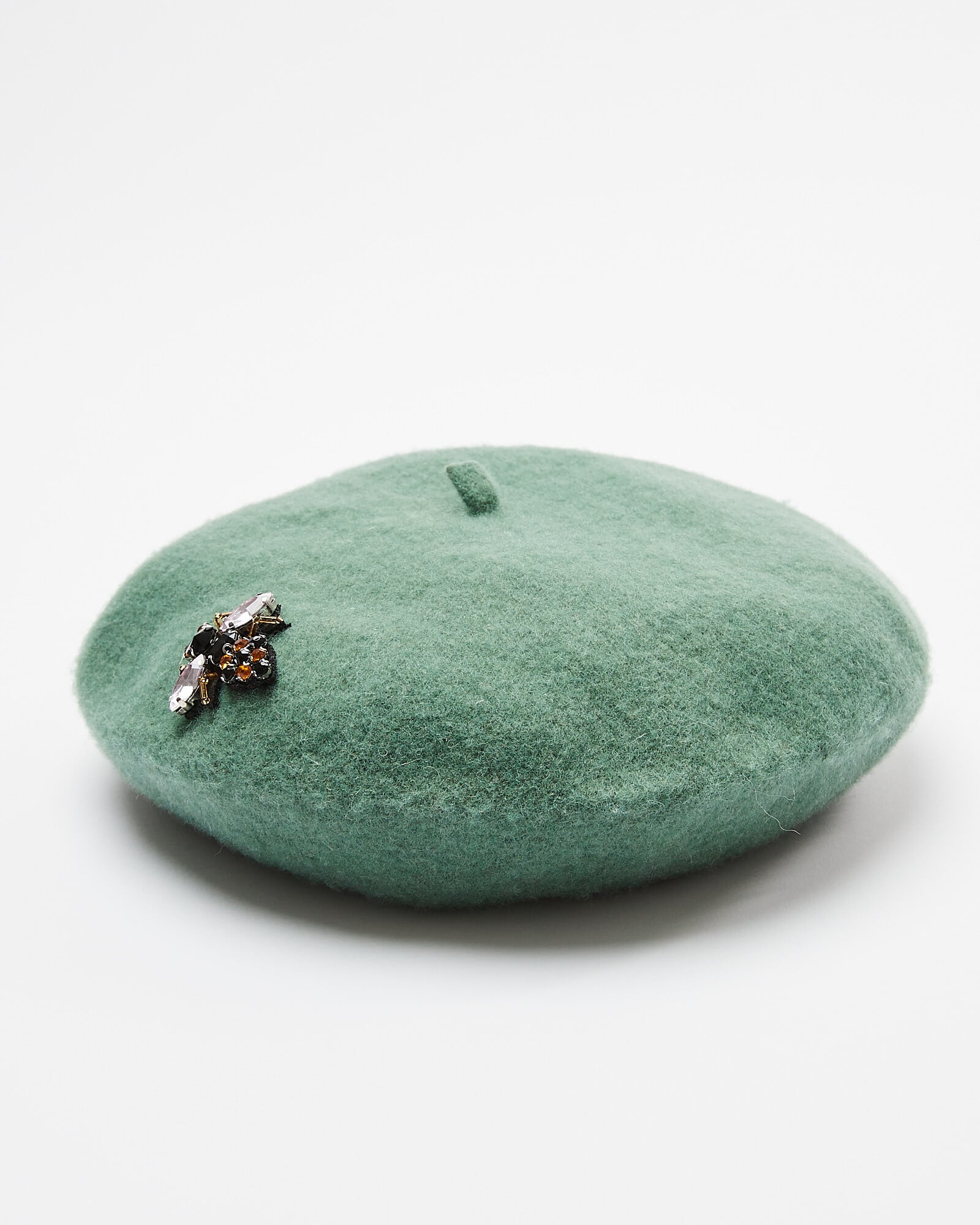 Embellished Bee Green Felt Beret Hat 