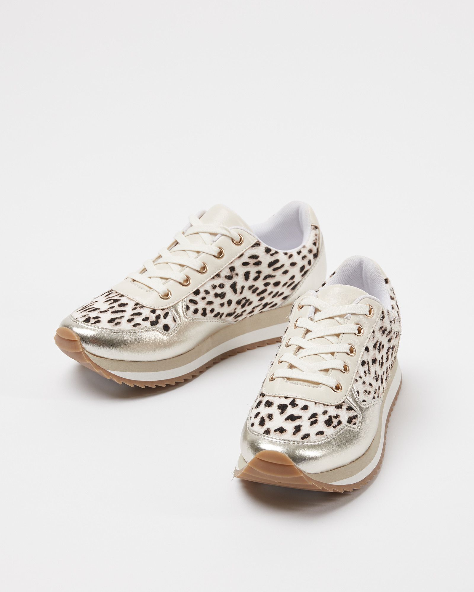Animal Print & Gold Leather Lace Up Trainers | Oliver Bonas