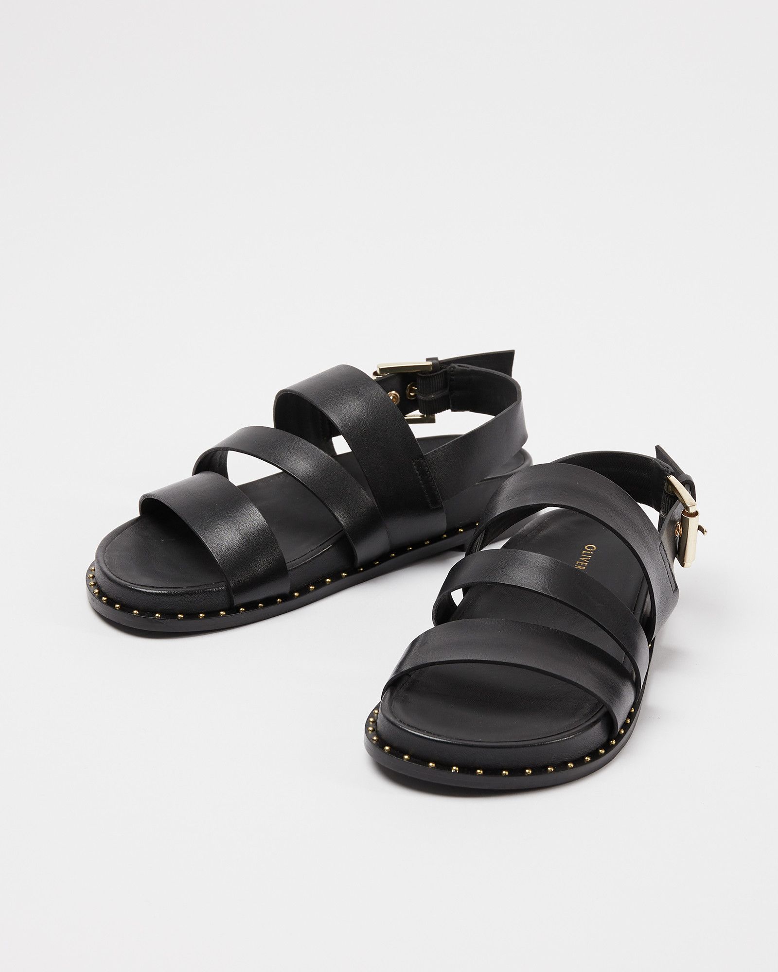 Studded Trim Black Leather Sandals | Oliver Bonas