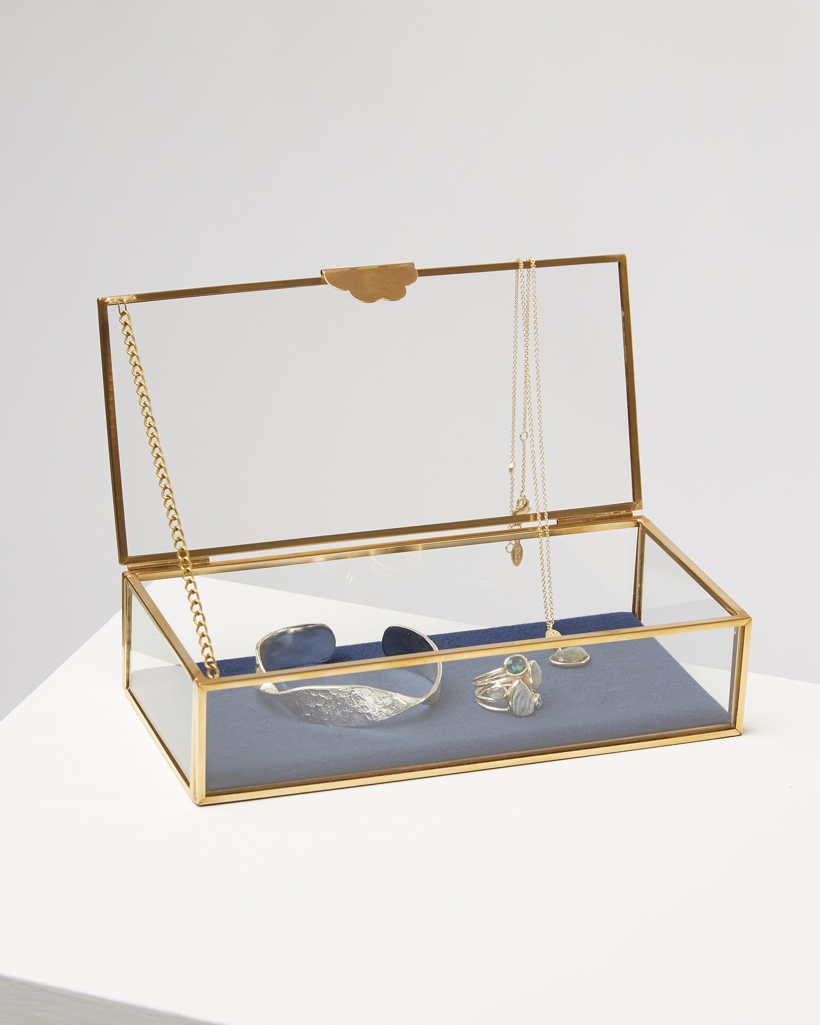 Gold & Glass Blue Velvet Jewellery Trinket Box Oliver Bonas