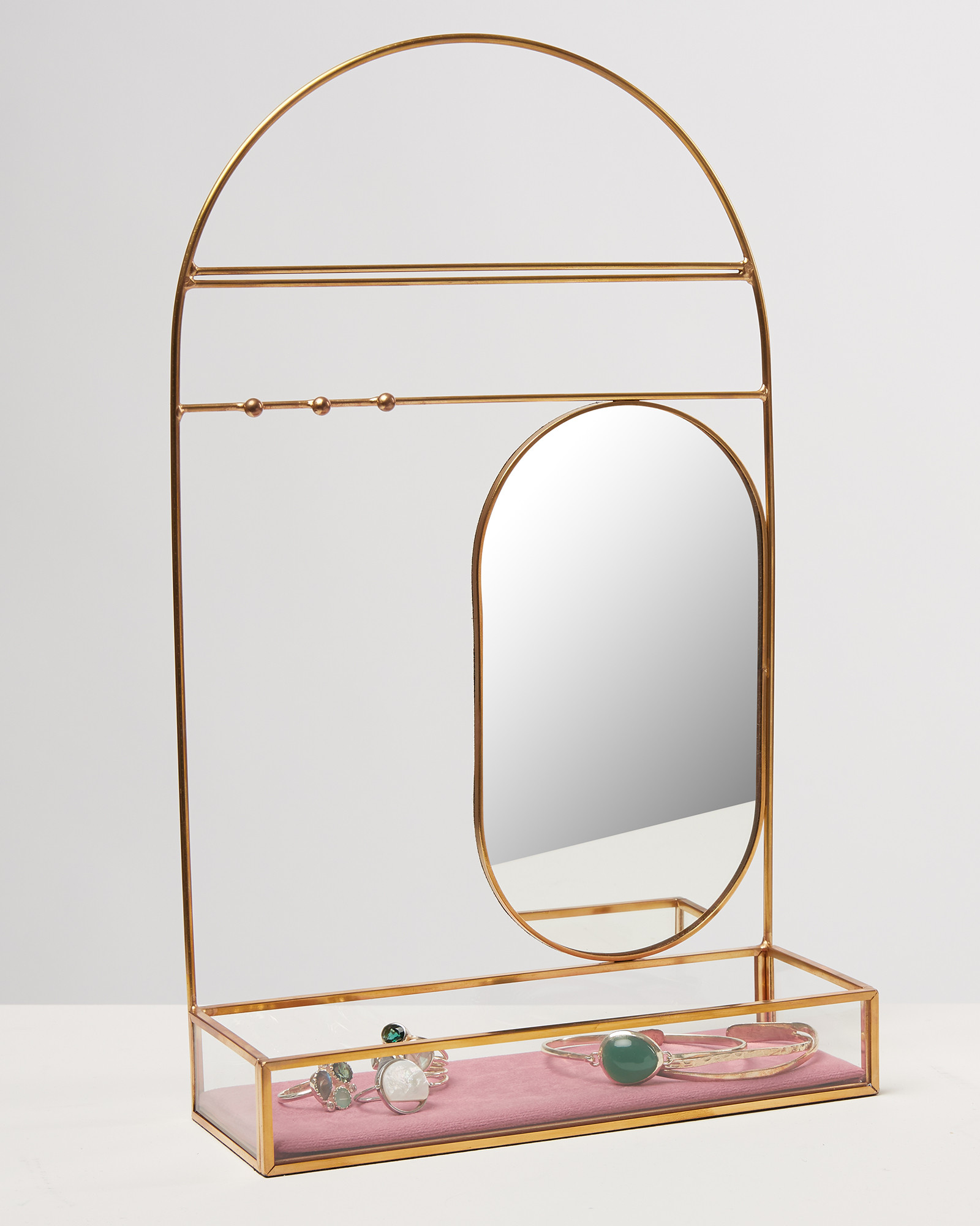 Gold & Glass Pink Velvet Mirror & Jewellery Box Oliver Bonas