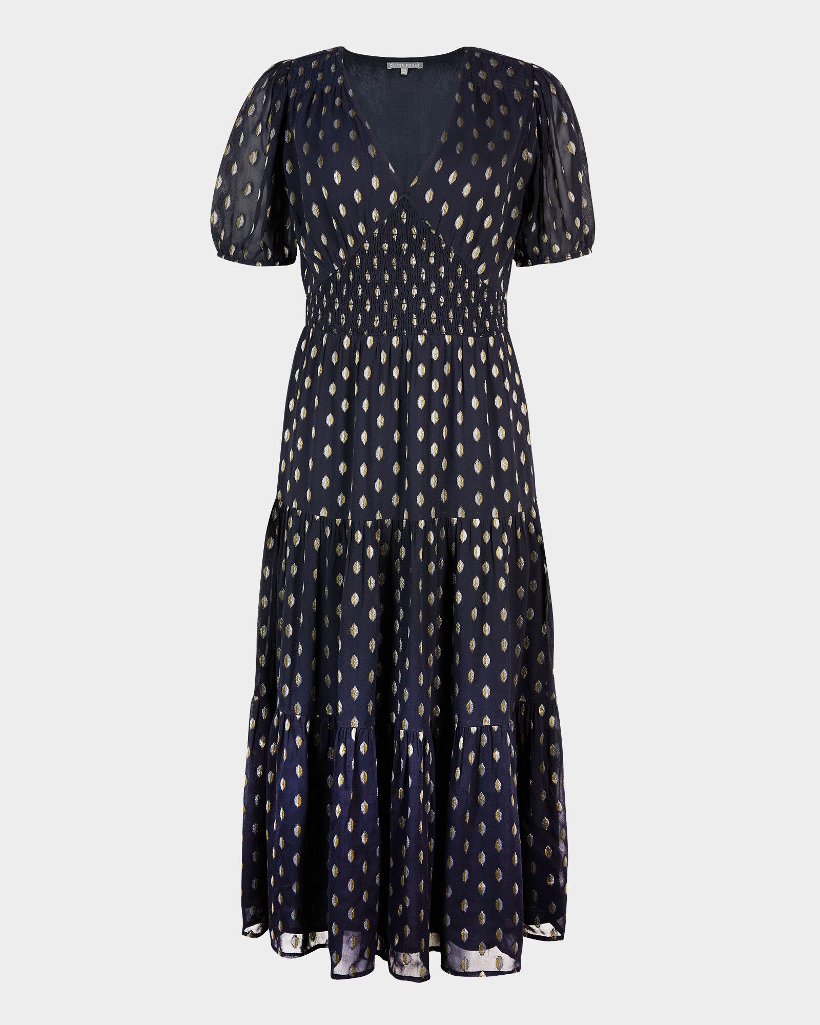 Sparkle Jacquard Spot Navy Blue Tiered Maxi Dress | Oliver Bonas