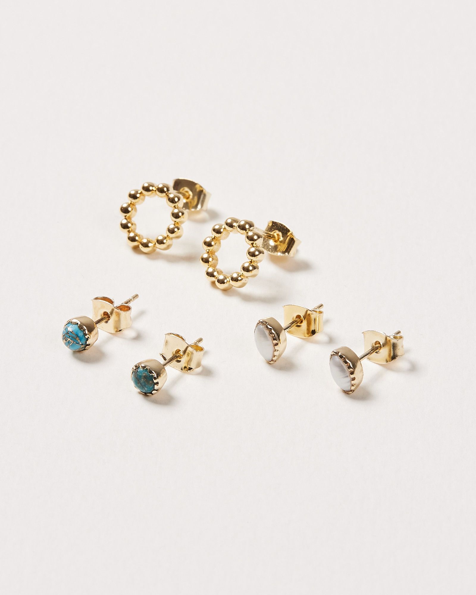 Ayan Mixed Stone Gold Plated Stud Earrings Pack of Three | Oliver Bonas