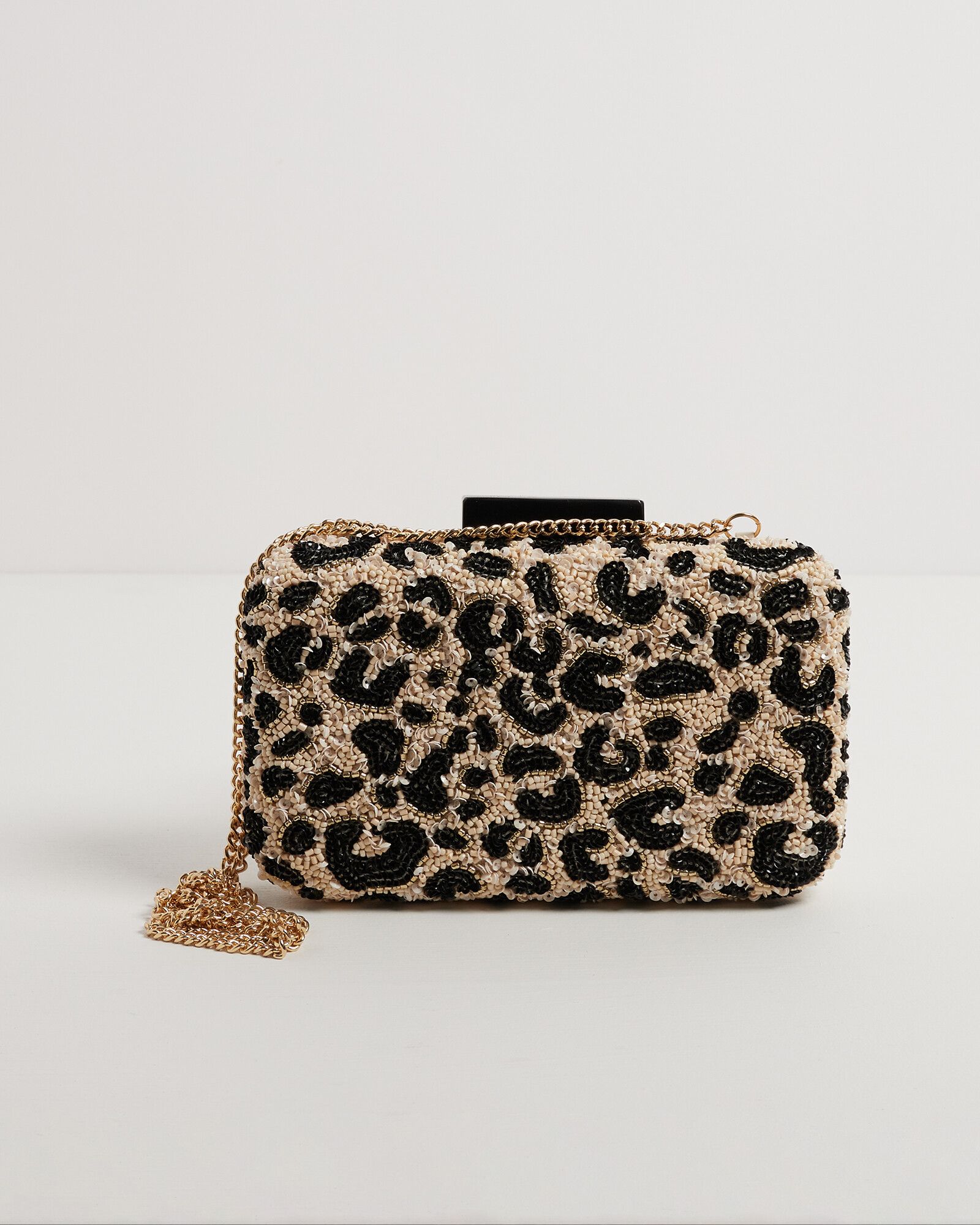 Letty Leopard Spot Brown Beaded Clutch Bag | Oliver Bonas